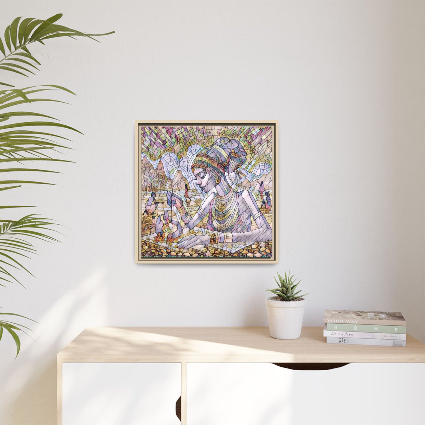 Framed Matte Canvas Art — Mosaic-Inspired Egyptian Woman Illustration