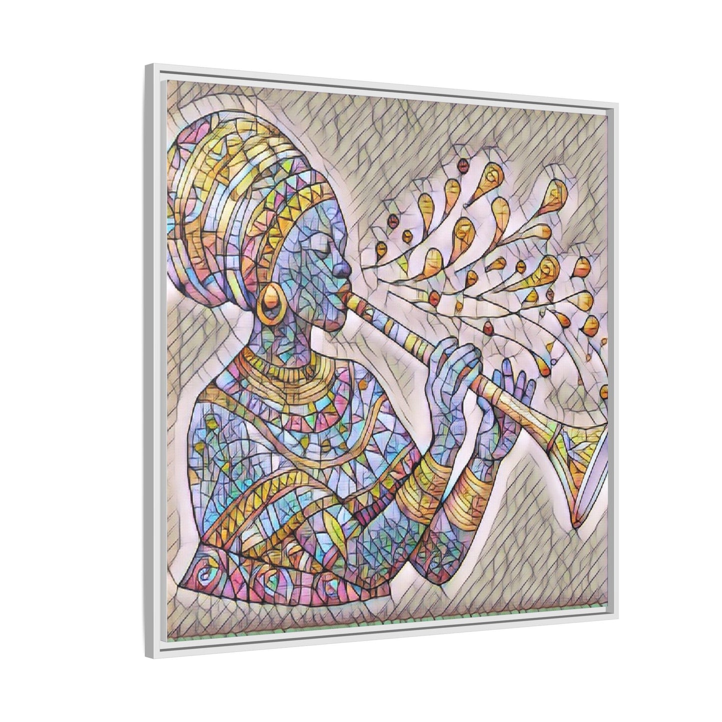 Framed Matte Canvas Art – Colorful African Musician Trumpet Print