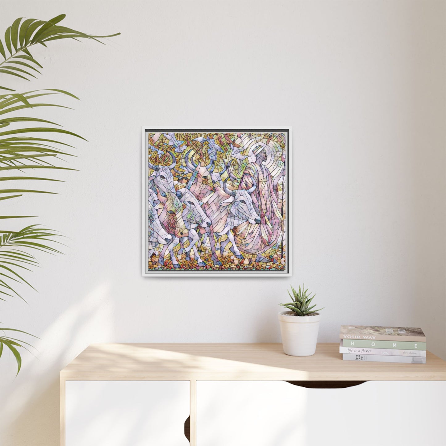Framed Matte Canvas Art — Stained-Glass Style Cattle Herd