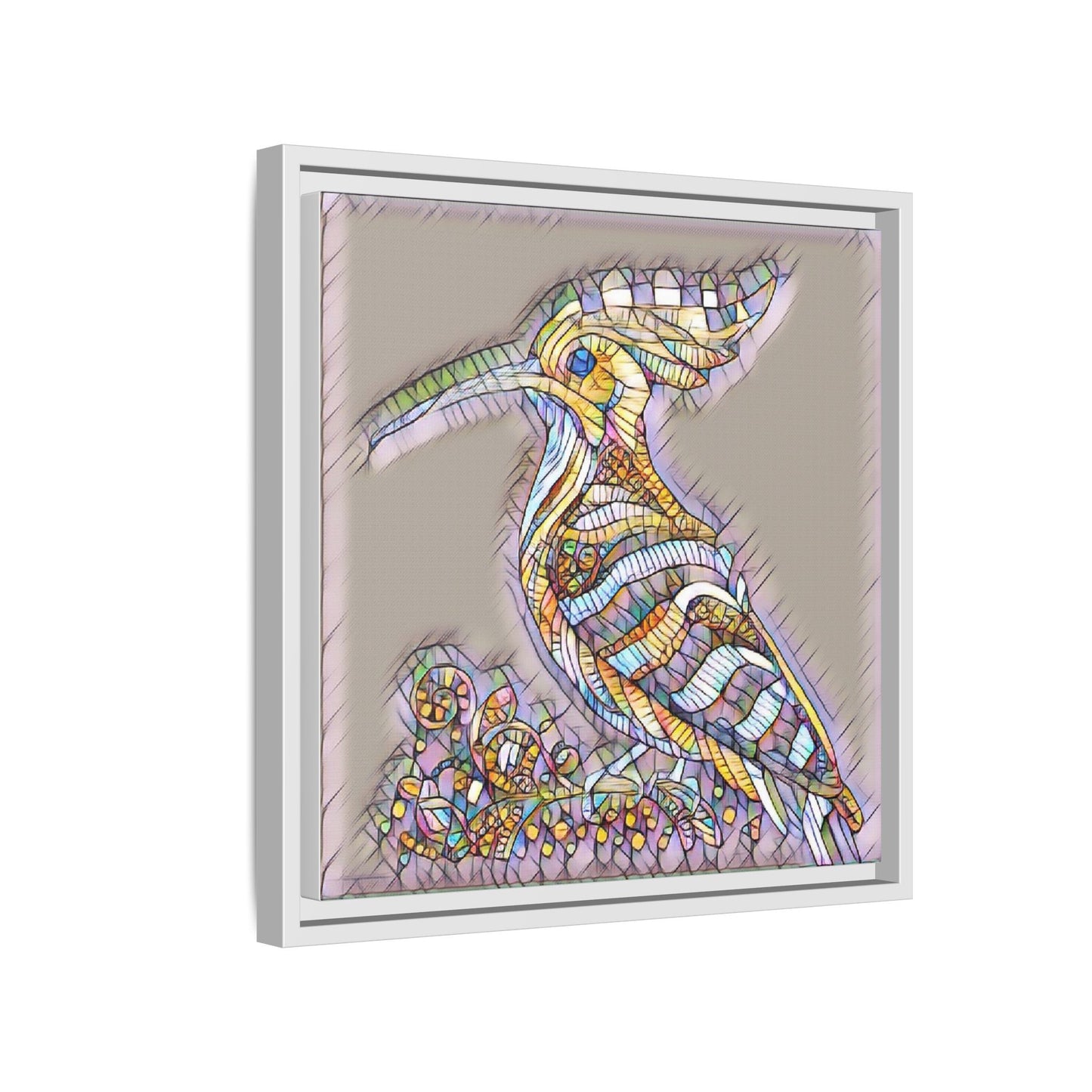 Colorful Mosaic Bird Framed Canvas Art — Whimsical Hoopoe Wall Decor