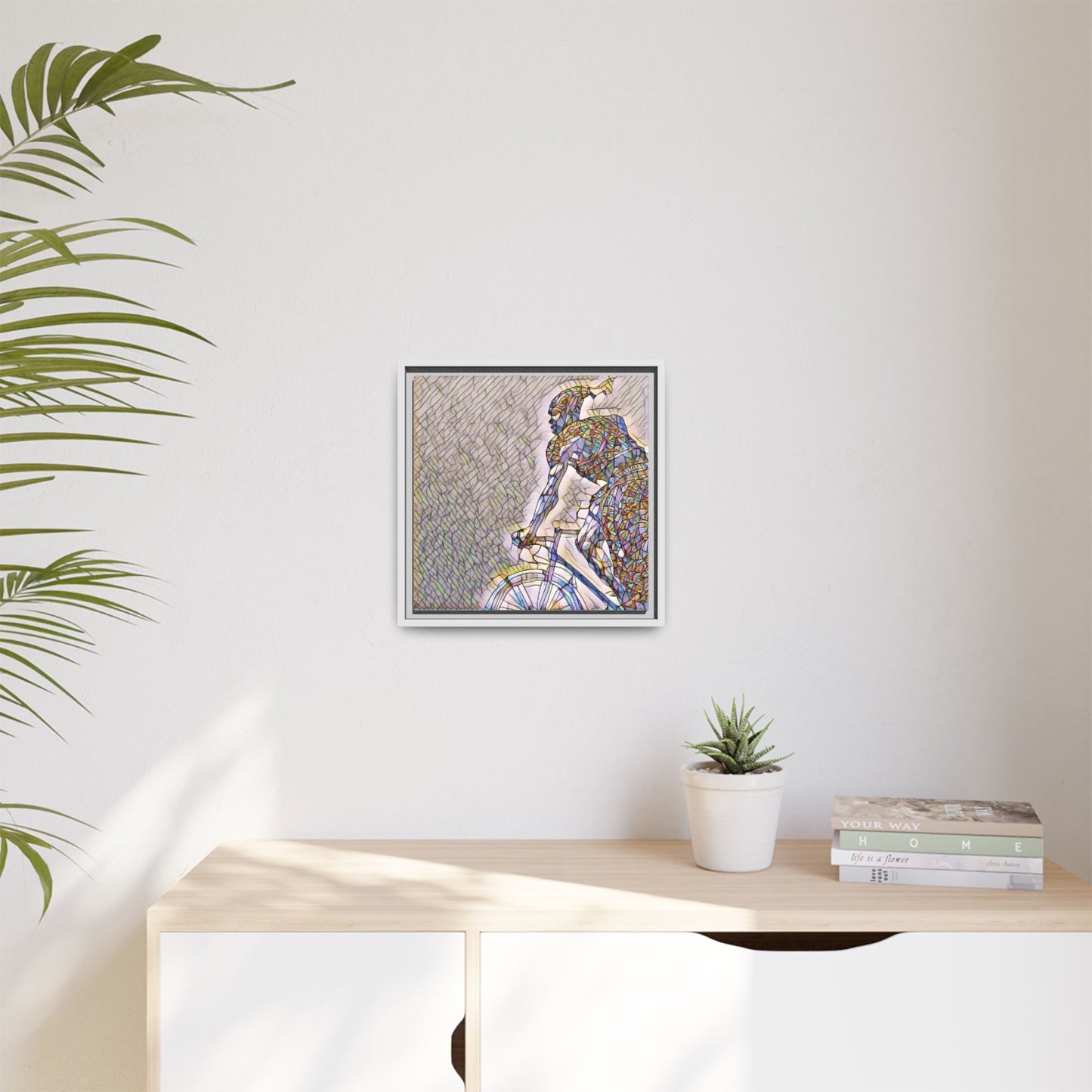 Cyclist Mosaic Matte Canvas Print — Framed Multicolor Bike Art