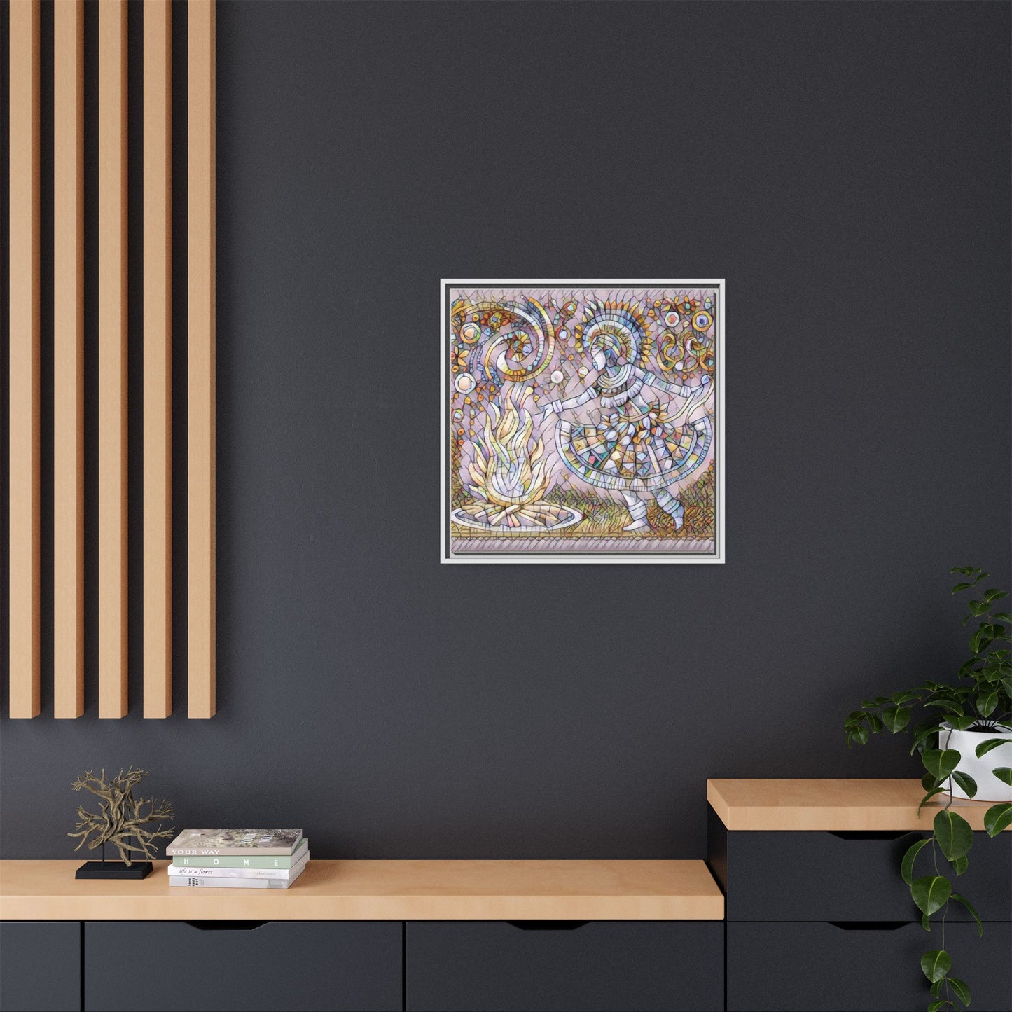 Bohemian Fire Dancer Framed Canvas Art — Colorful Folk Mosaic Wall Decor