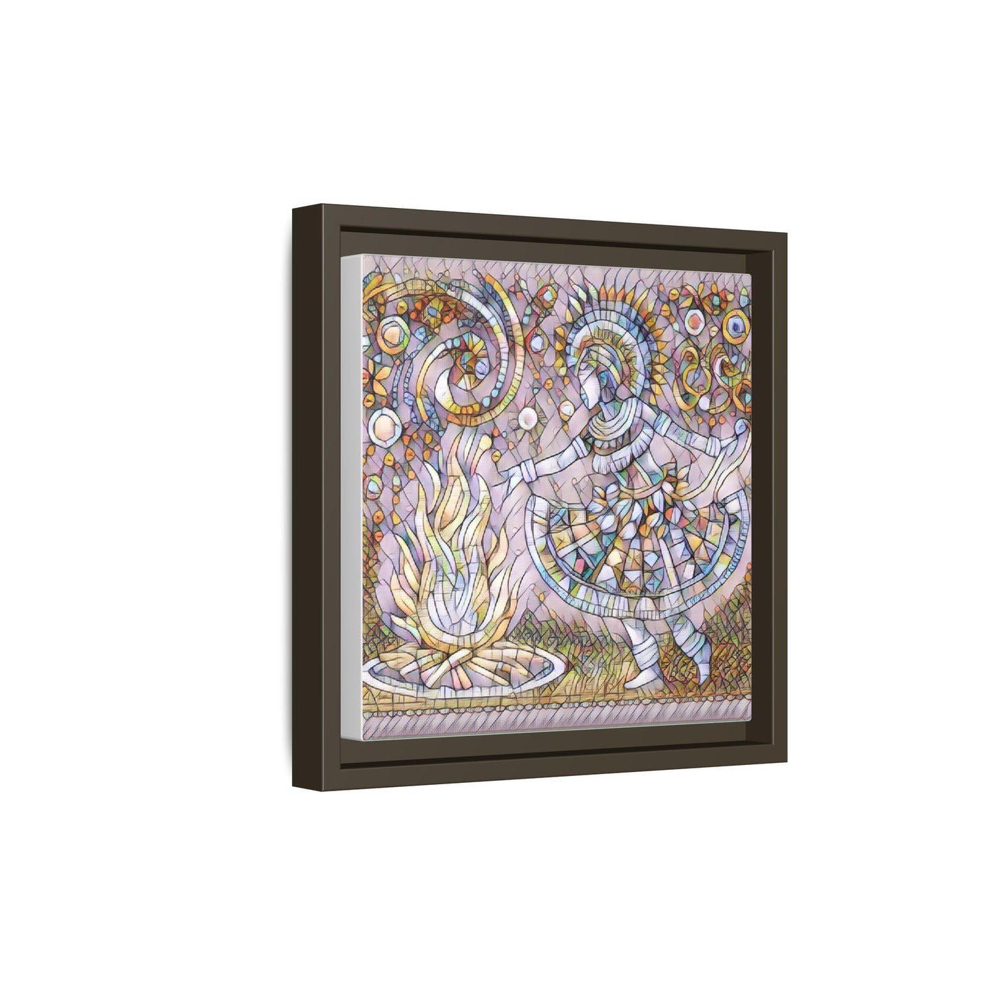 Bohemian Fire Dancer Framed Canvas Art — Colorful Folk Mosaic Wall Decor