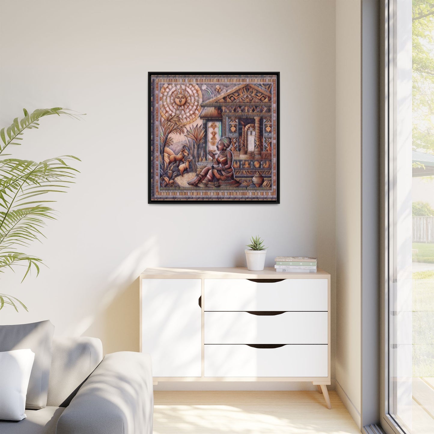 Egyptian Goddess Mosaic Framed Canvas Art — Colorful Ancient Ritual Wall Decor