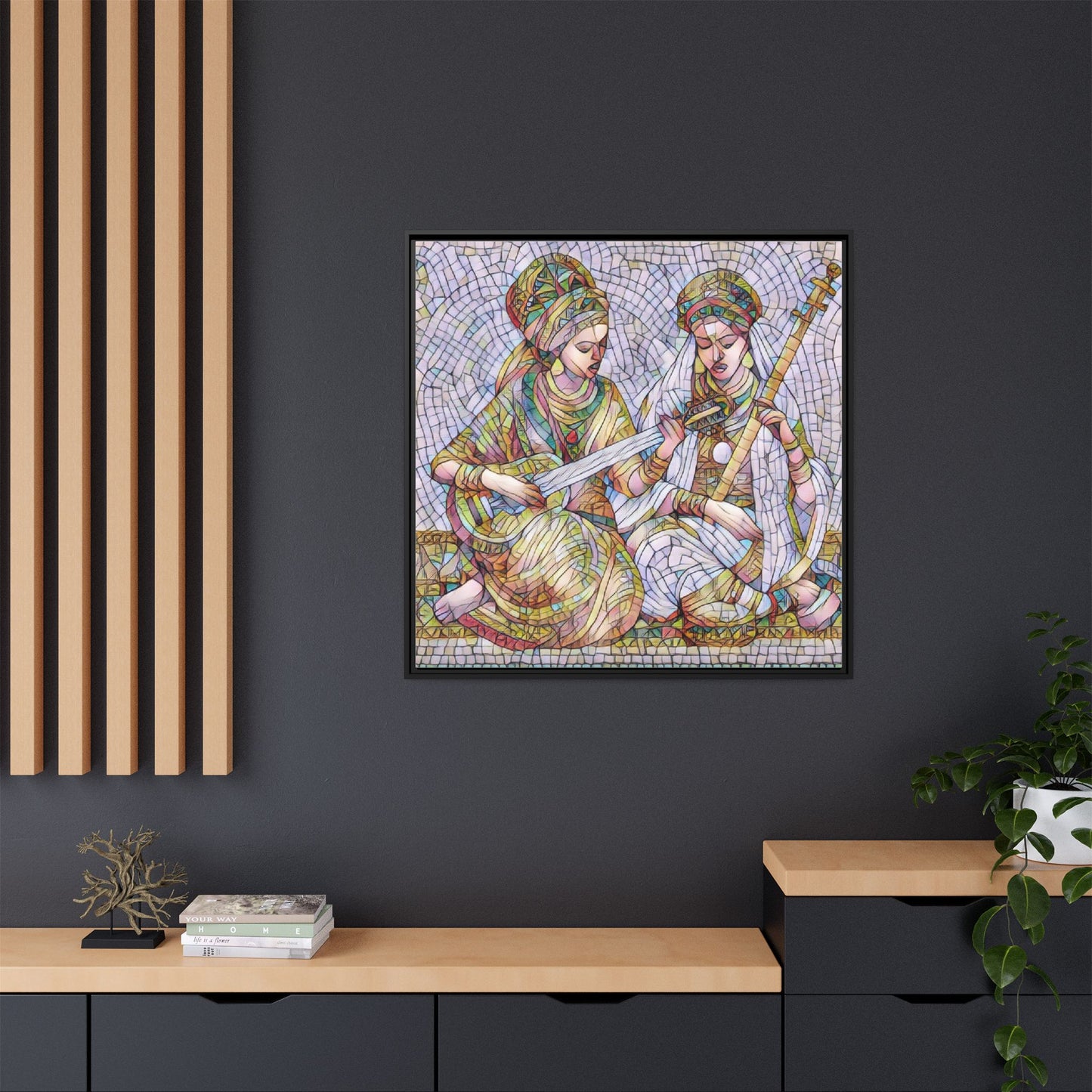Framed Mosaic Art Print — Two Women Playing Lutes (Matte Canvas)