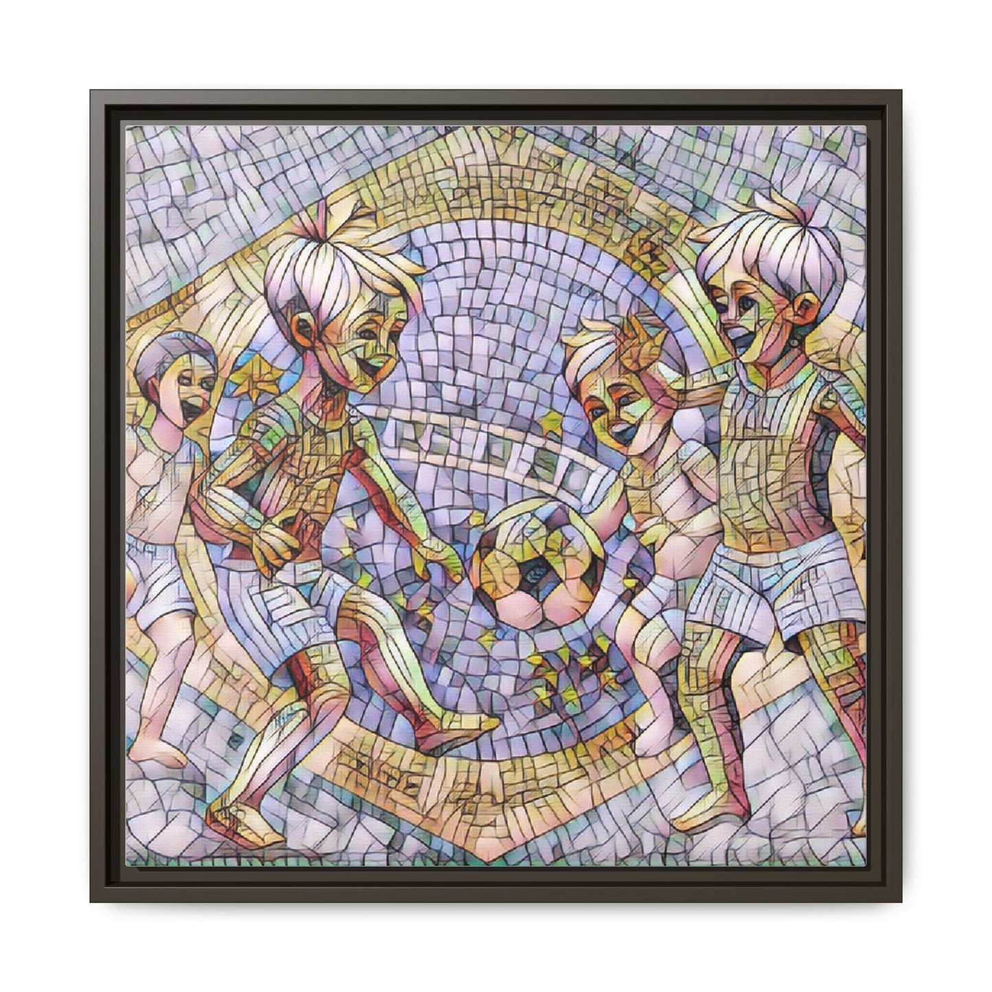 Framed Matte Canvas – Vintage Mosaic Kids Playing Soccer Art