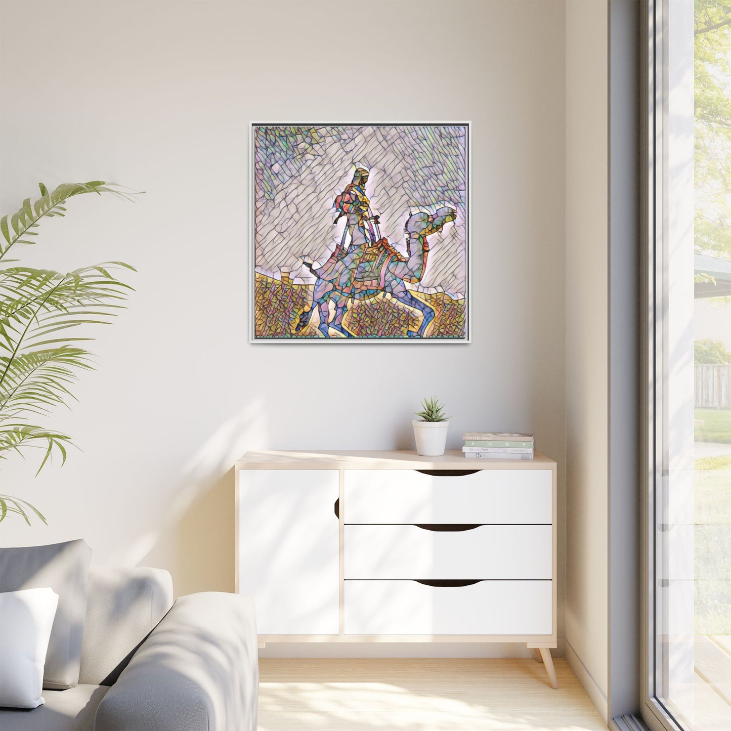 Framed Camel Rider Matte Canvas Art — Colorful Mosaic Desert Wall Decor