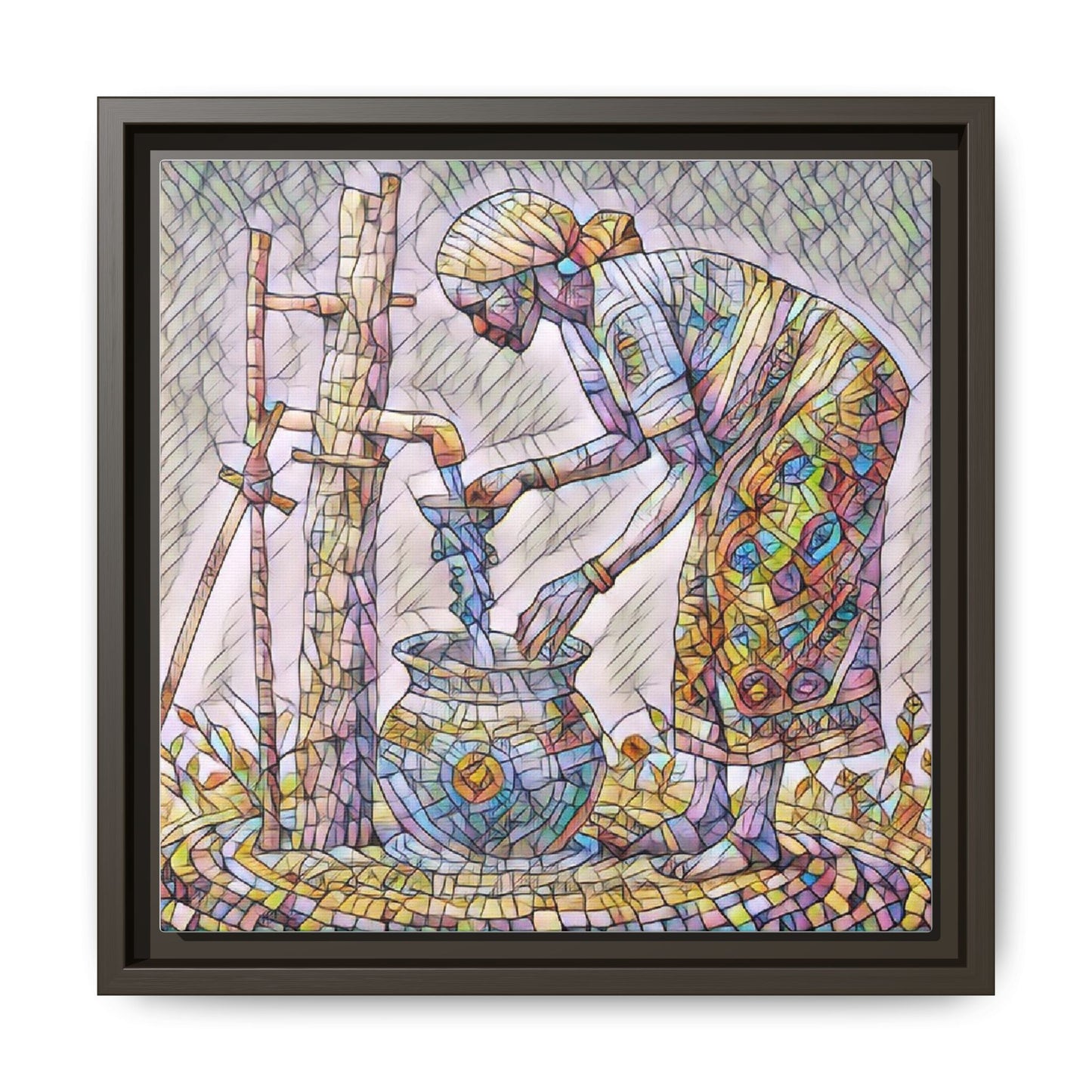 Framed Matte Canvas Art — Colorful Mosaic Woman at Well