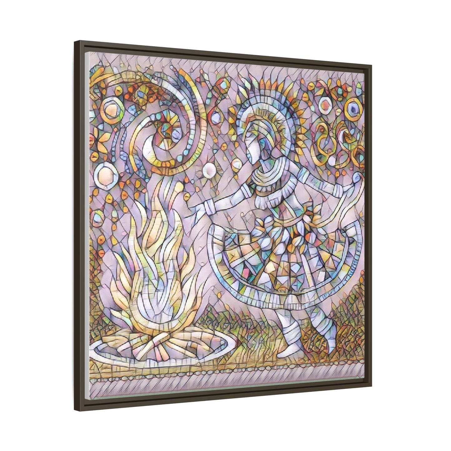 Bohemian Fire Dancer Framed Canvas Art — Colorful Folk Mosaic Wall Decor