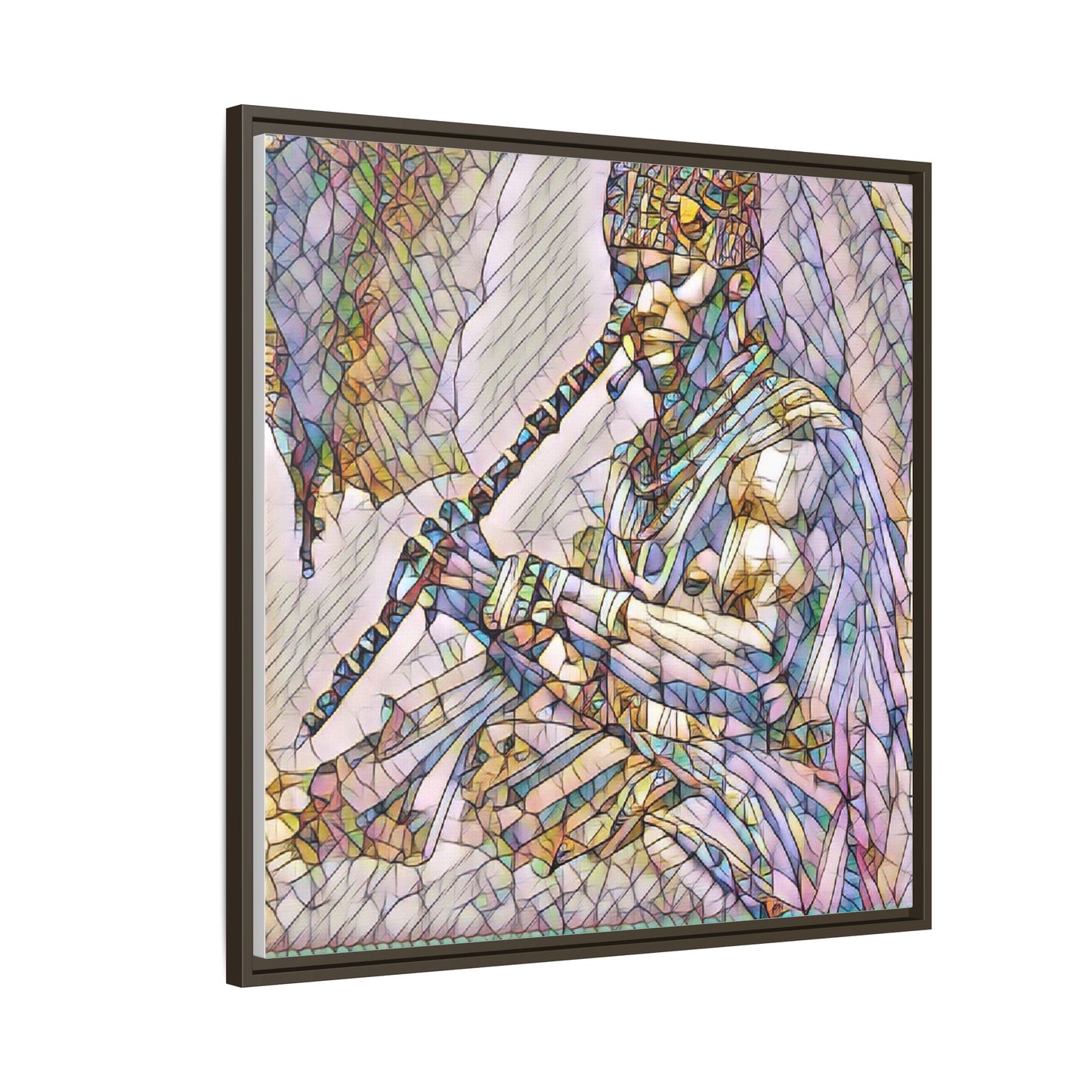 Tribal Flute Musician Stained-Glass Framed Canvas Art