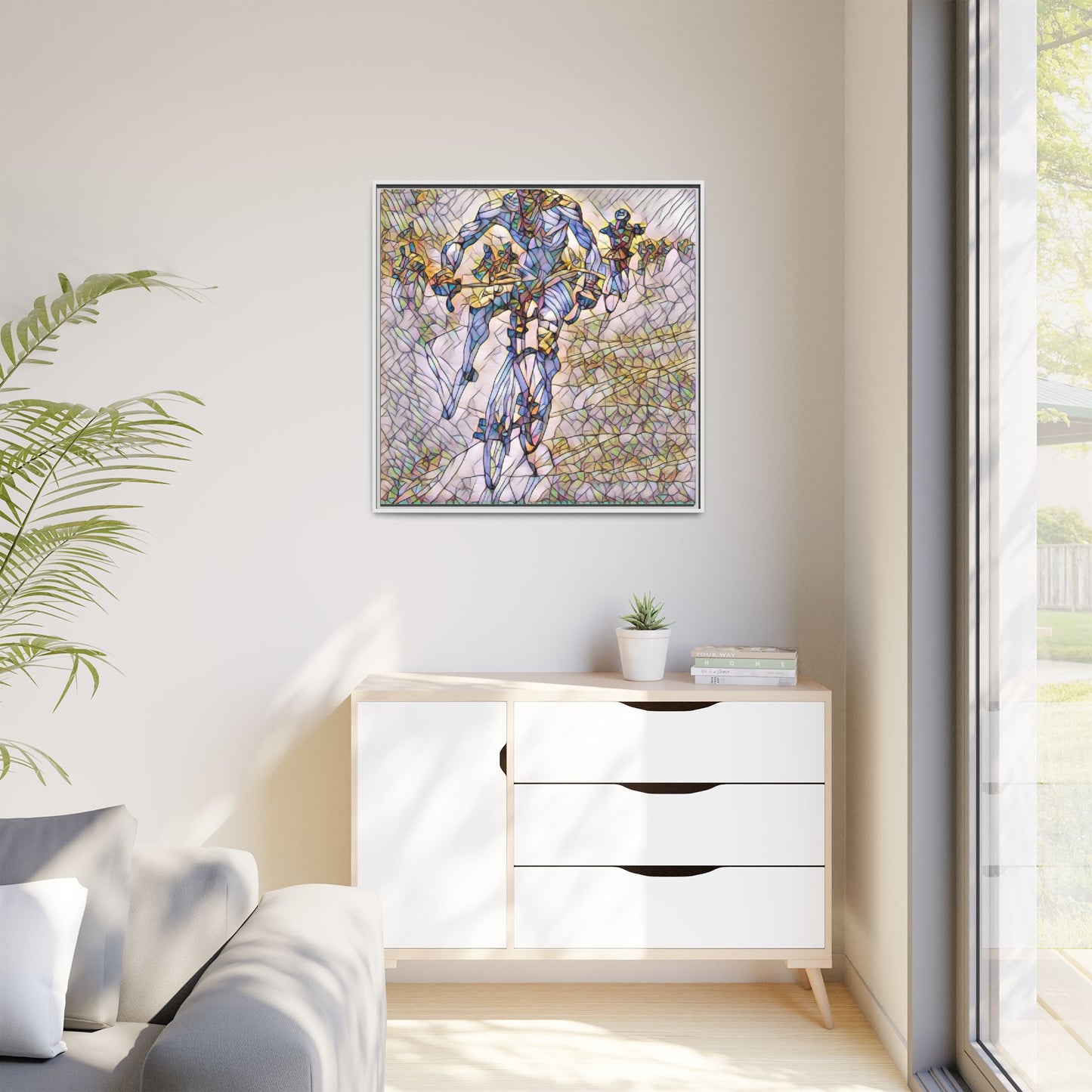 Abstract Cyclist Matte Canvas Framed Art — Colorful Stained-Glass Bike Print