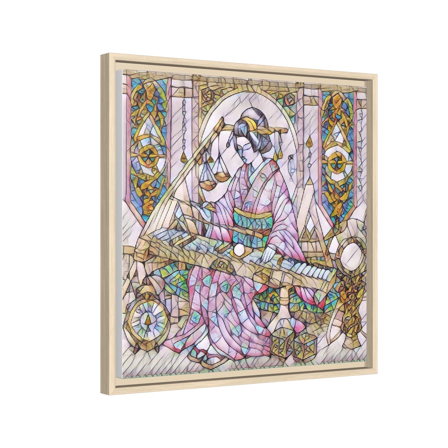 Framed Matte Canvas — Geisha Harp Stained-Glass Art Print