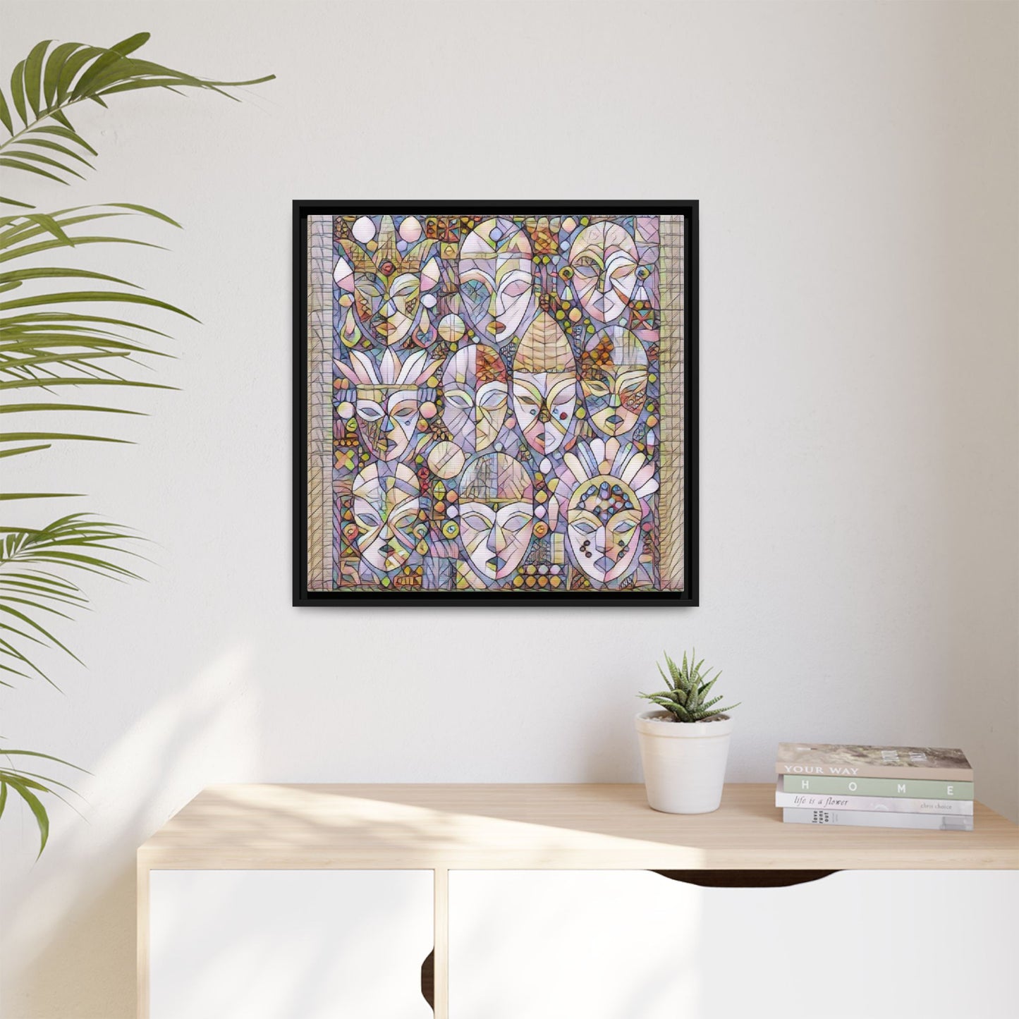 Framed Abstract Mask Art Canvas — Multicolor Stained-Glass Faces Wall Decor