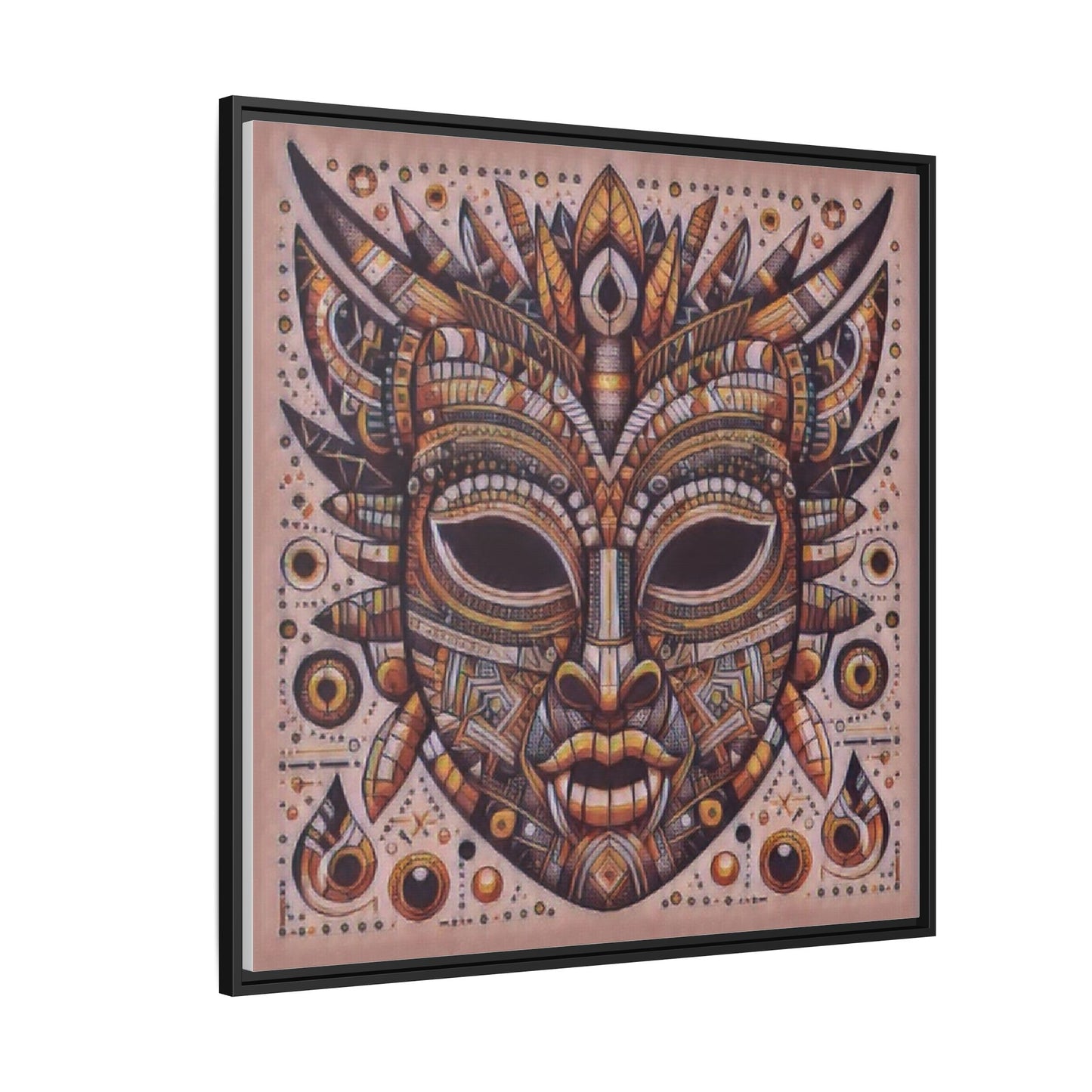 Tribal Mask Framed Canvas Art — Multicolor Matte Wall Decor