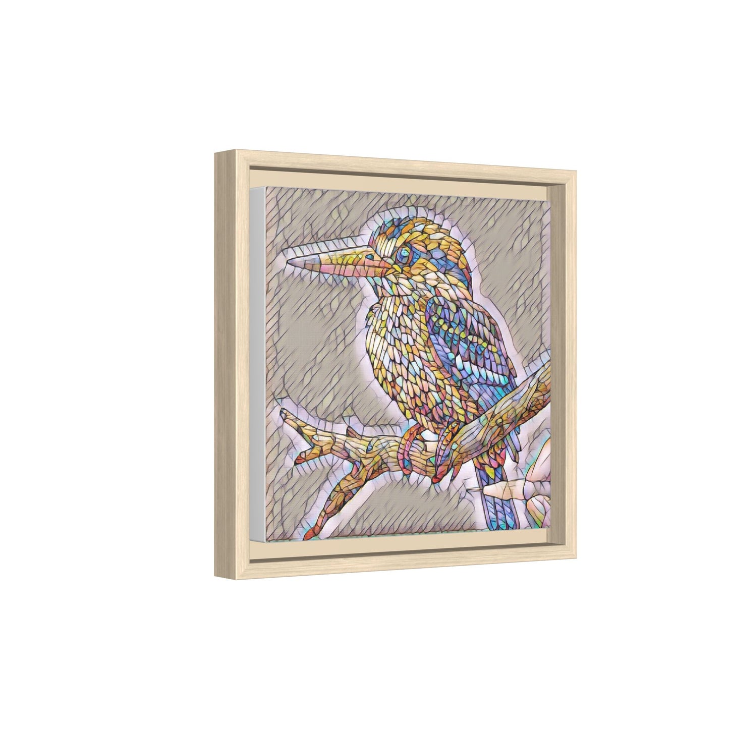 Colorful Kingfisher Framed Canvas Wall Art — Stained-Glass Style Bird Print