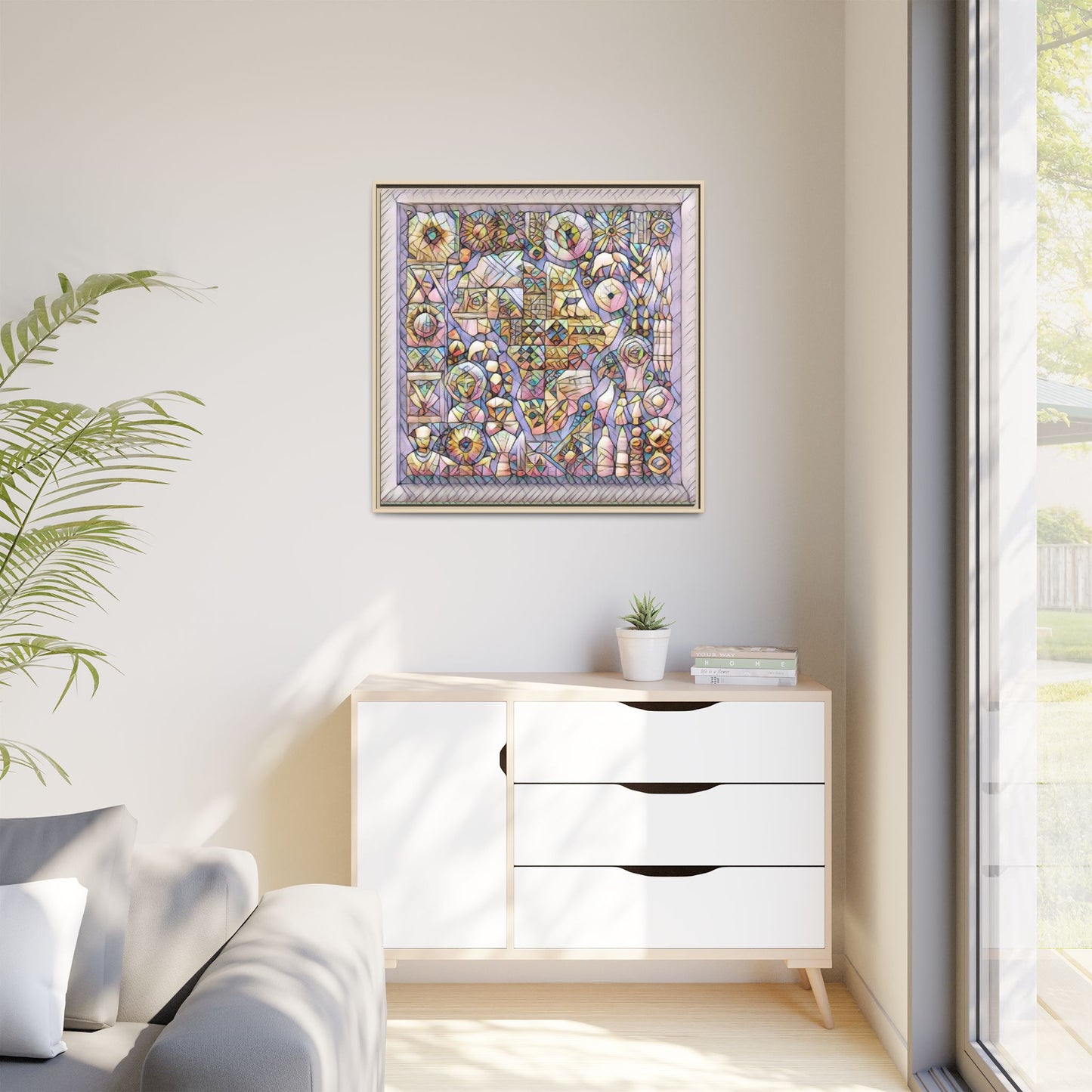 Framed Abstract Mosaic Matte Canvas Art — Pastel Geometric Wall Decor