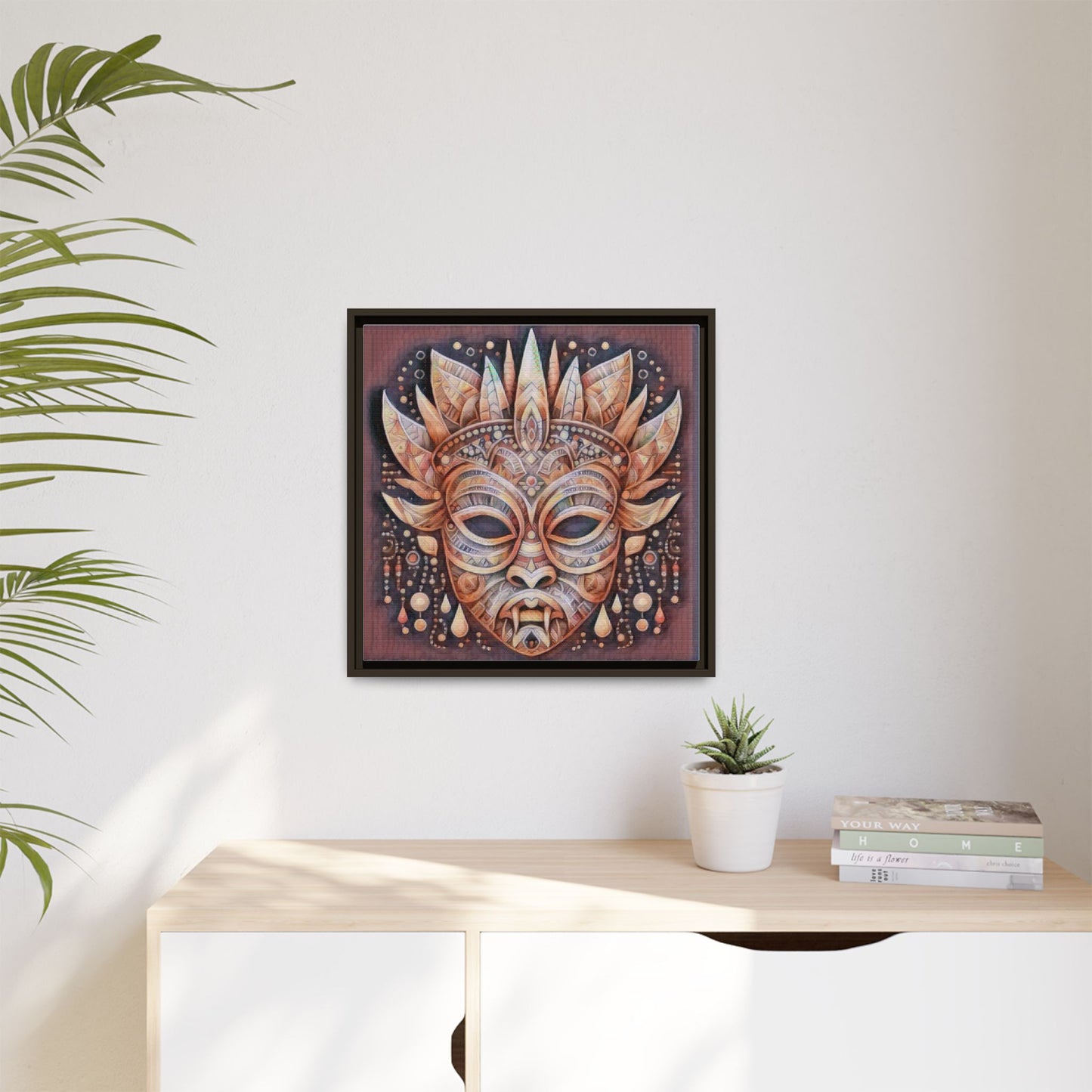 Tribal Sun Mask Framed Canvas Art — Boho Ethnic Wall Decor