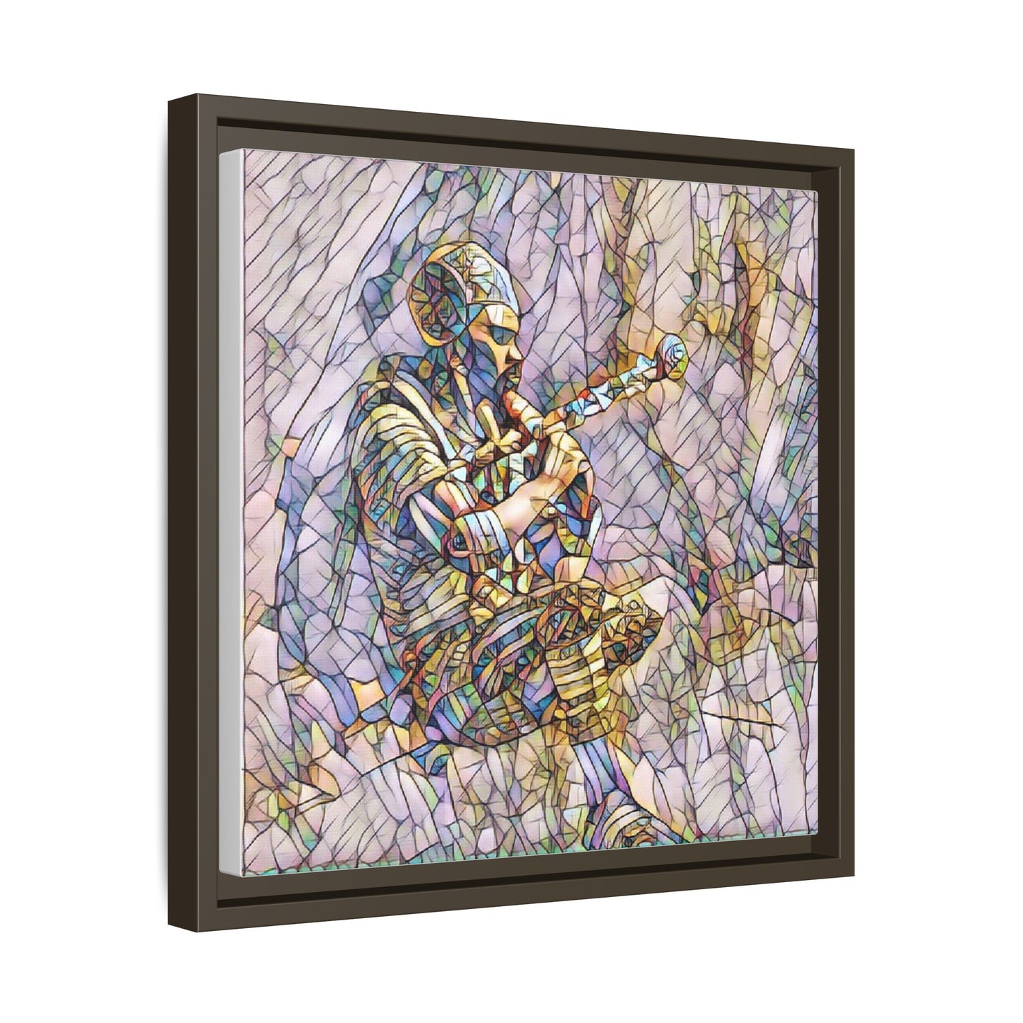 Celtic Piper Framed Matte Canvas — Stained-Glass Style Highland Bagpiper Art