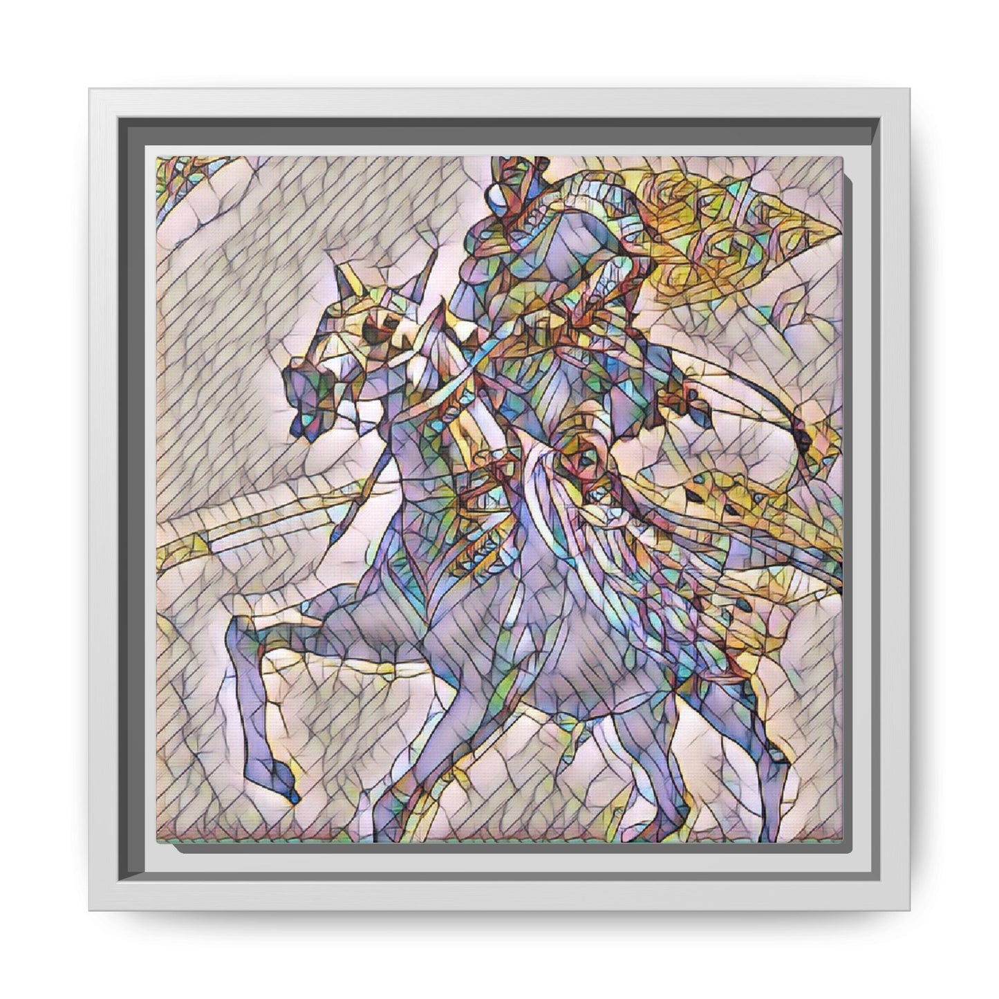 Framed Matte Canvas Art — Stained Glass Knight on Horse Fantasy Wall Decor