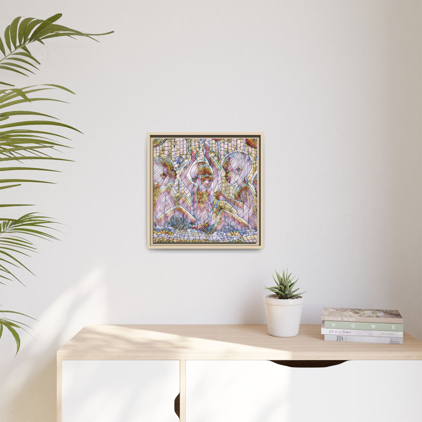 Framed Matte Canvas Art — Mosaic Children Playing (Multicolor)