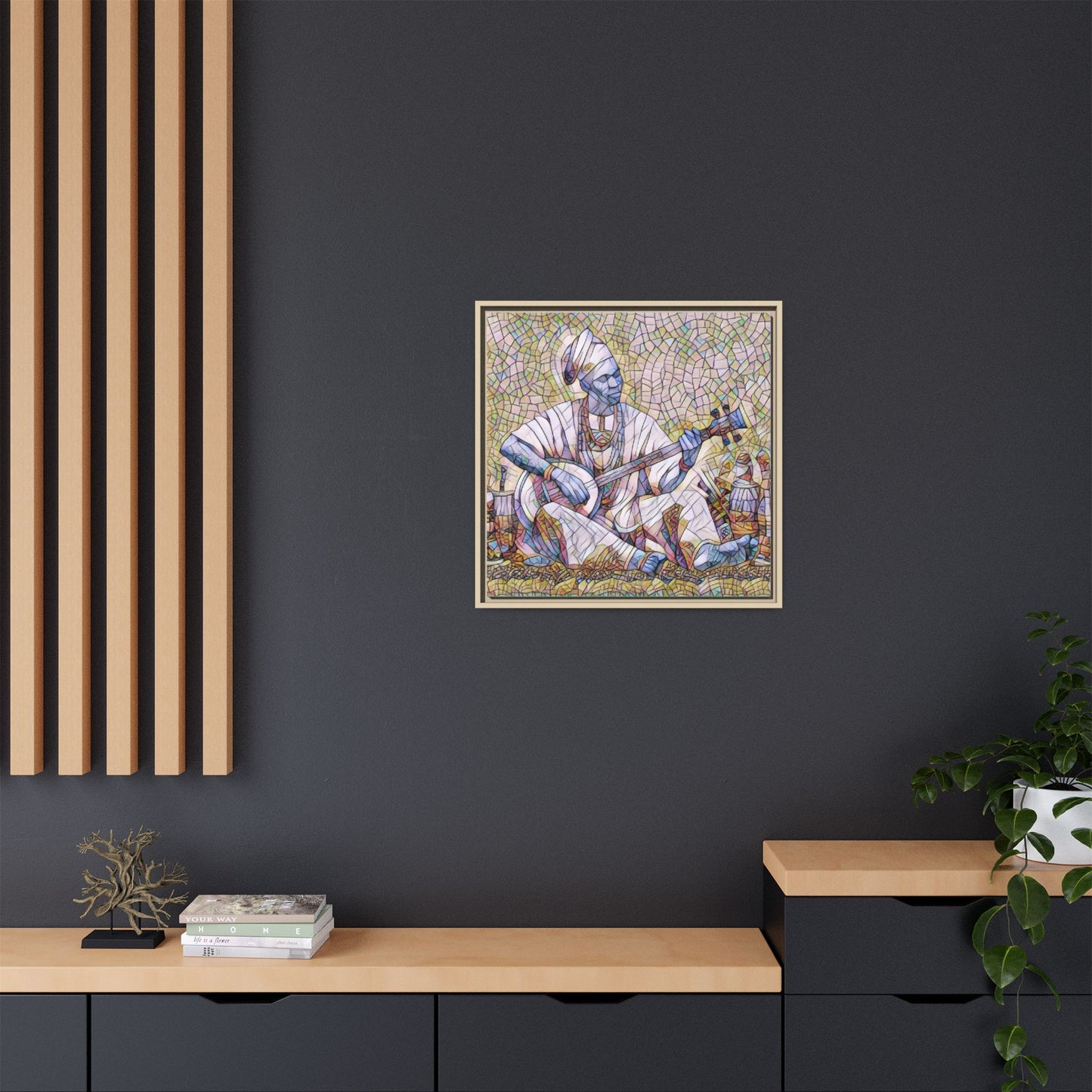 Framed Mosaic Musician Canvas Art — African Griot with Kora