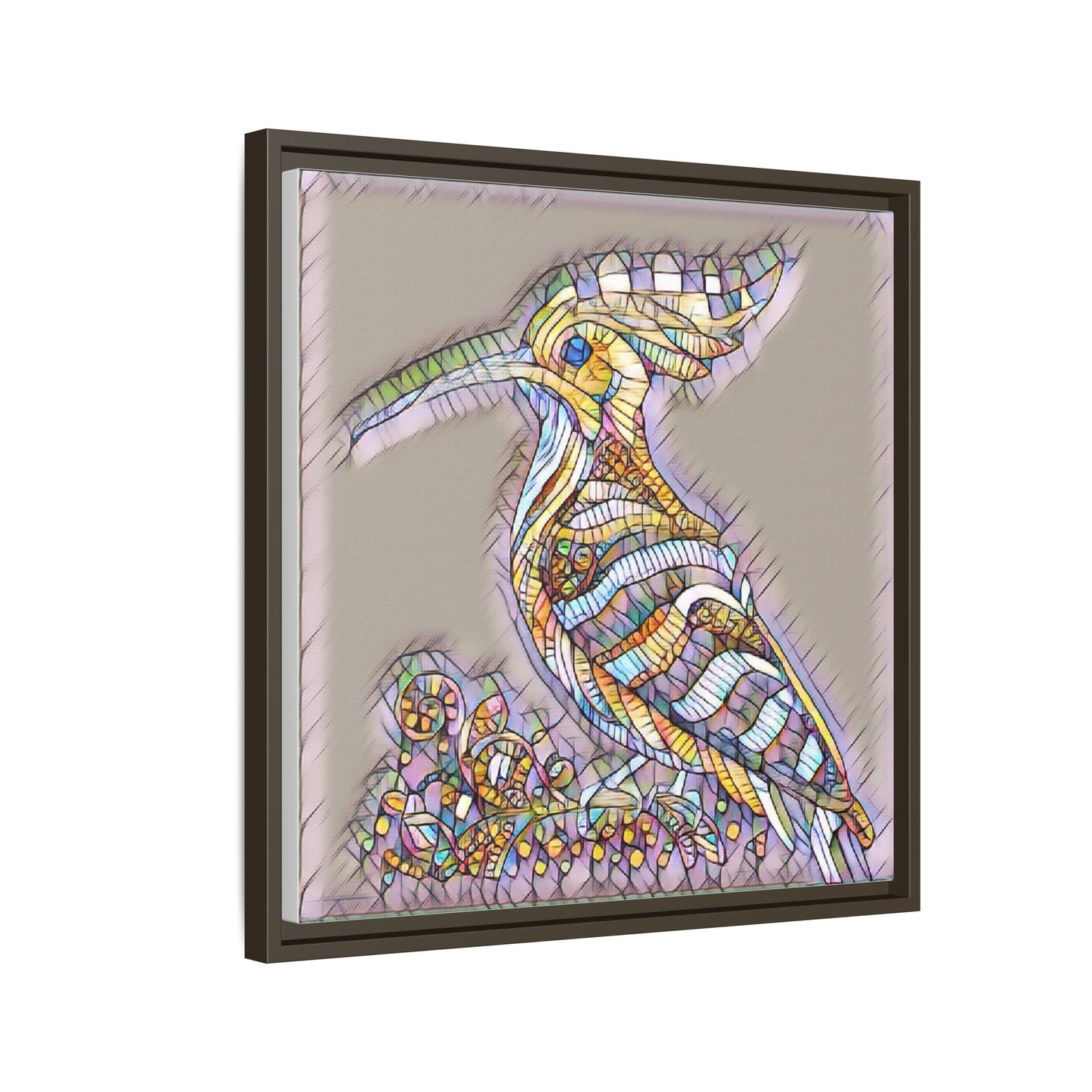 Colorful Mosaic Bird Framed Canvas Art — Whimsical Hoopoe Wall Decor