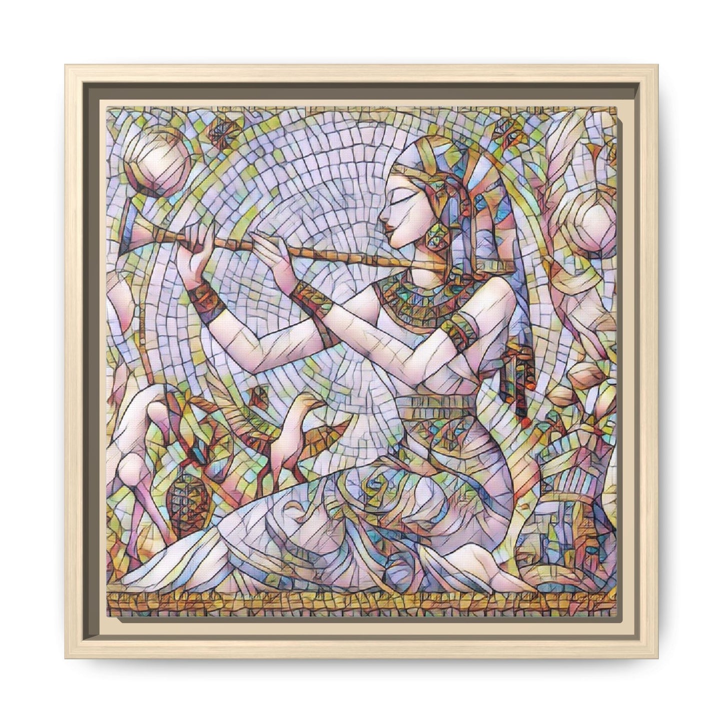 Egyptian Flute Player Framed Canvas Art — Colorful Mosaic Wall Decor