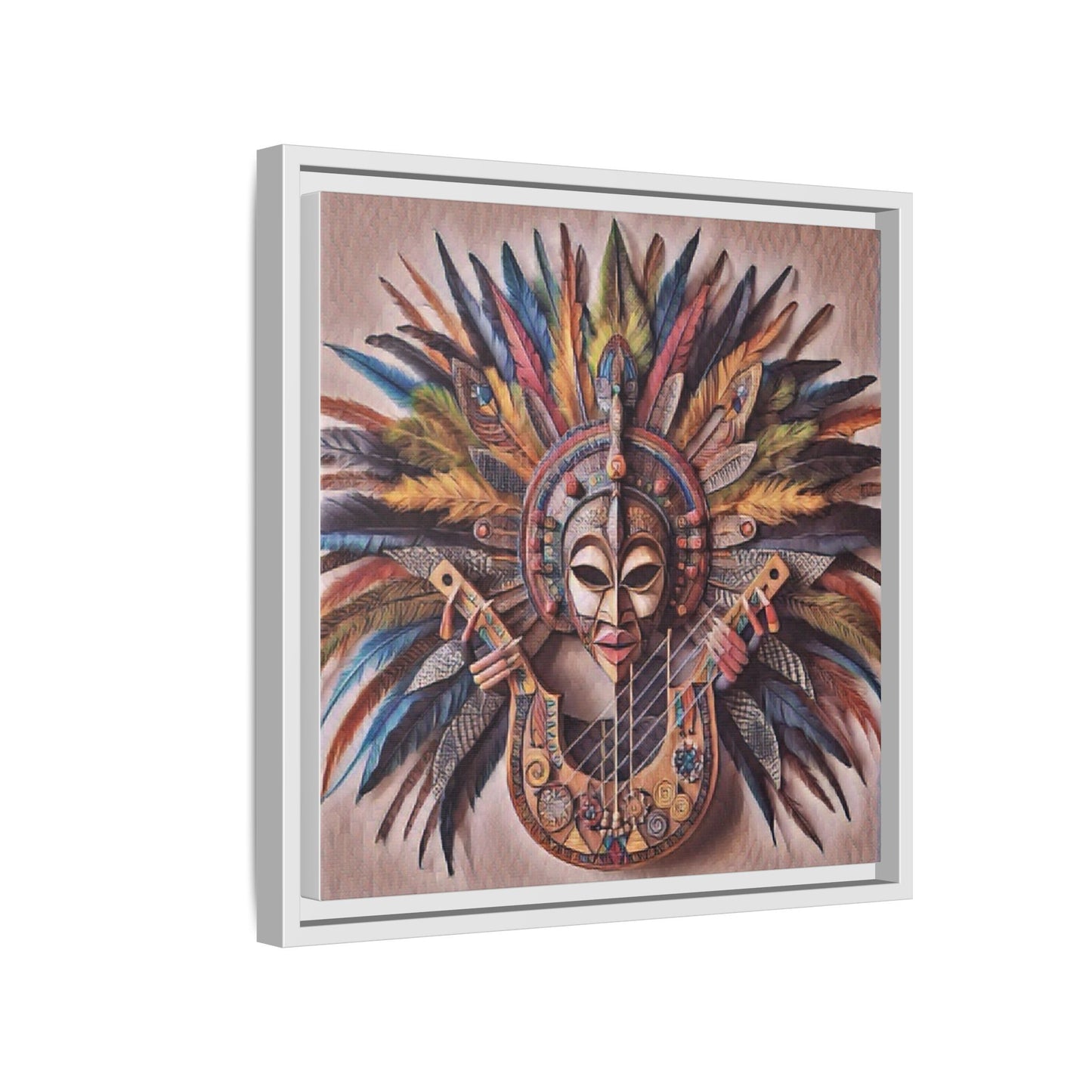 Tribal Feather Mask Guitar Framed Canvas Art — Colorful Boho Wall Decor
