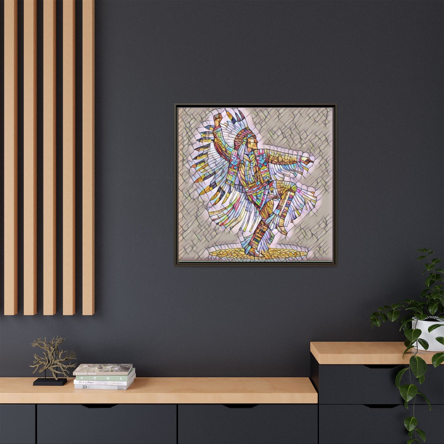 Colorful Native Dancer Framed Canvas Art — Stained Glass Style Wall Decor