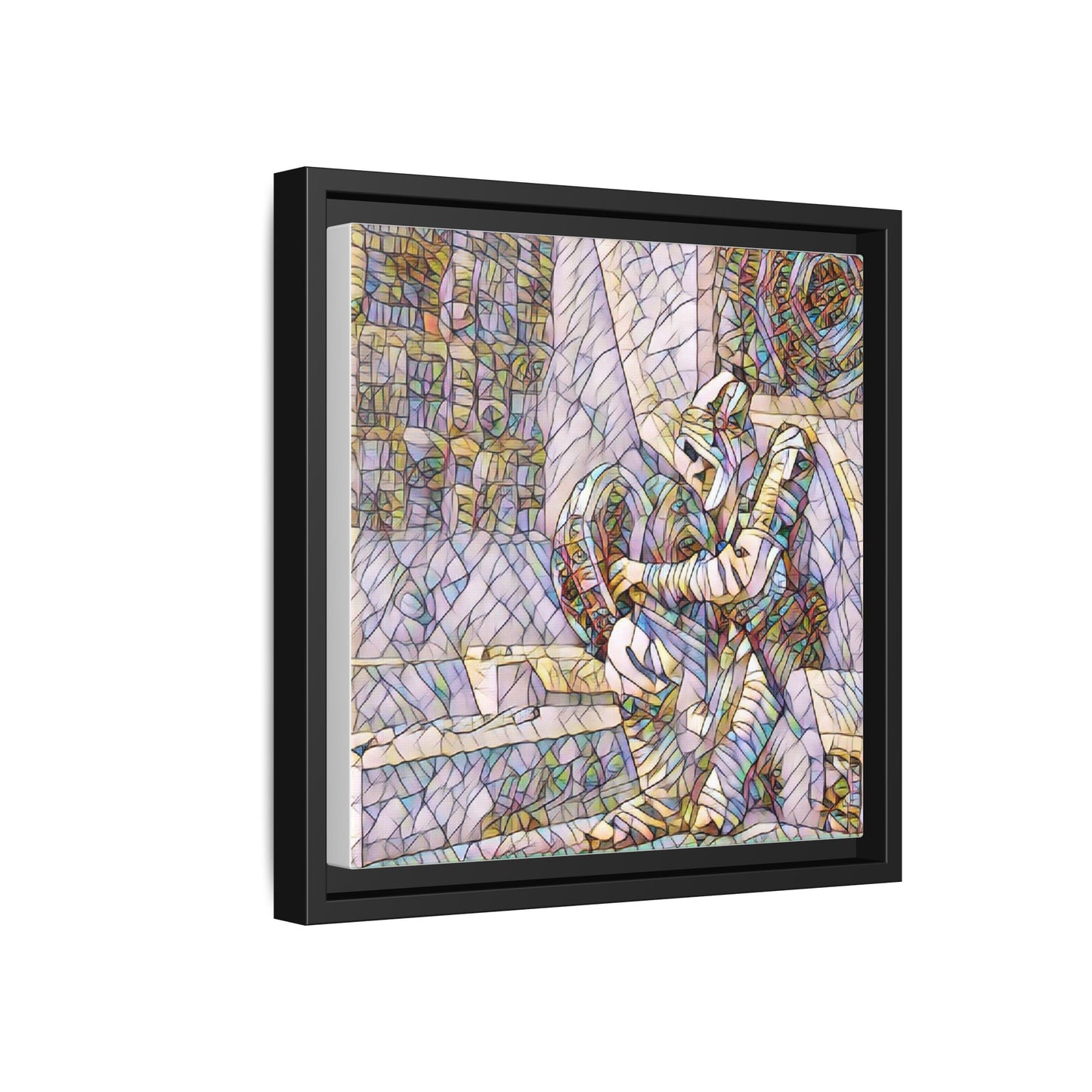 Framed Matte Canvas Art — Colorful Stained-Glass Astronaut Embrace