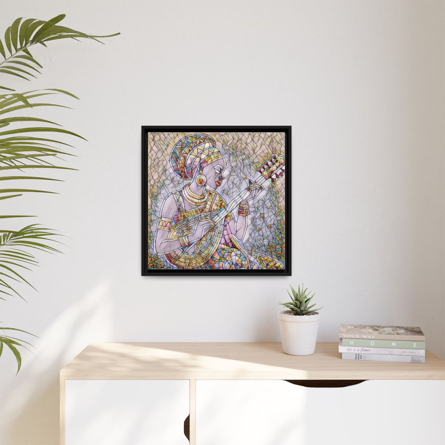 Framed Canvas Art — Colorful African Woman Playing Lute (Matte Multi‑Color)