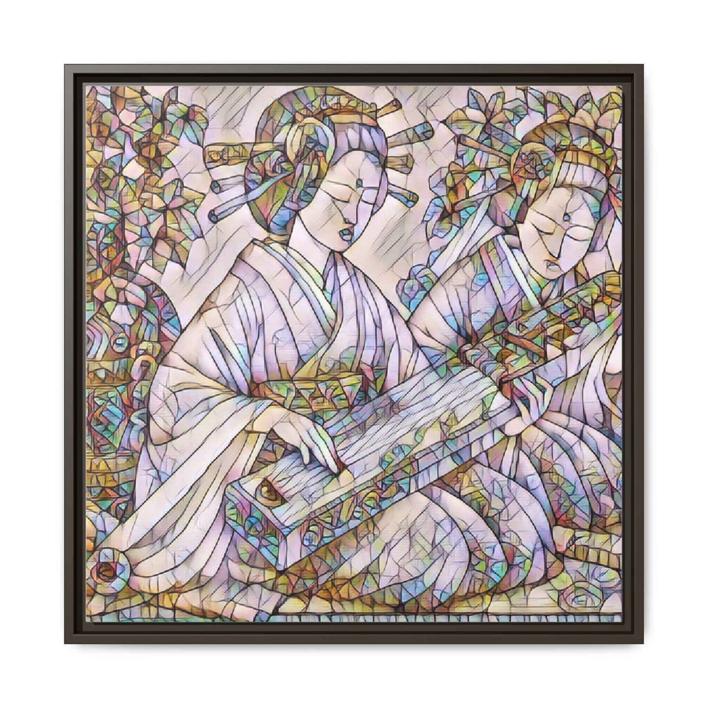 Framed Matte Canvas Print — Stained-Glass Geisha Duo