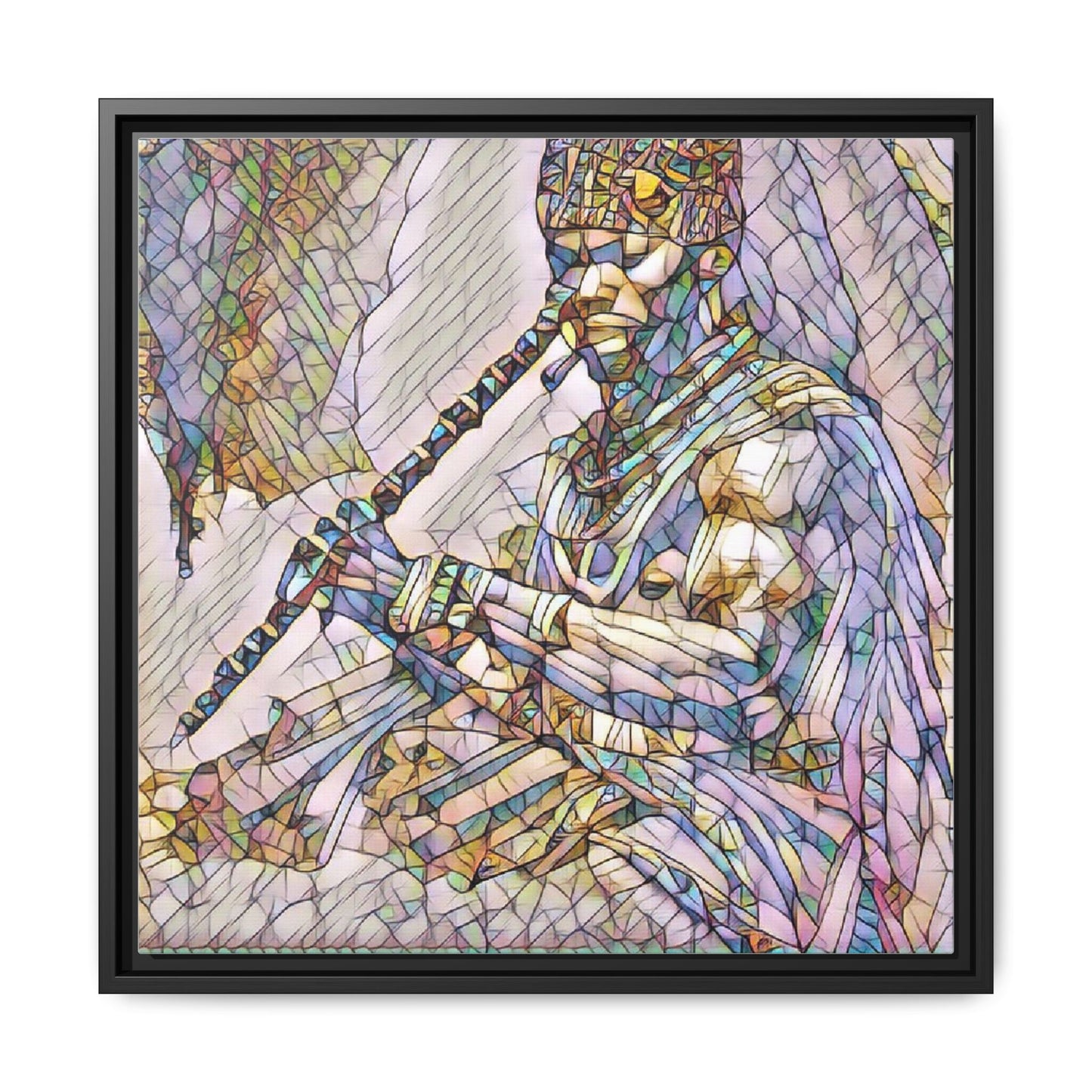 Tribal Flute Musician Stained-Glass Framed Canvas Art