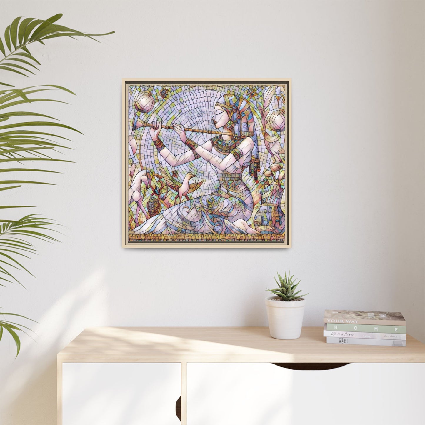Egyptian Flute Player Framed Canvas Art — Colorful Mosaic Wall Decor