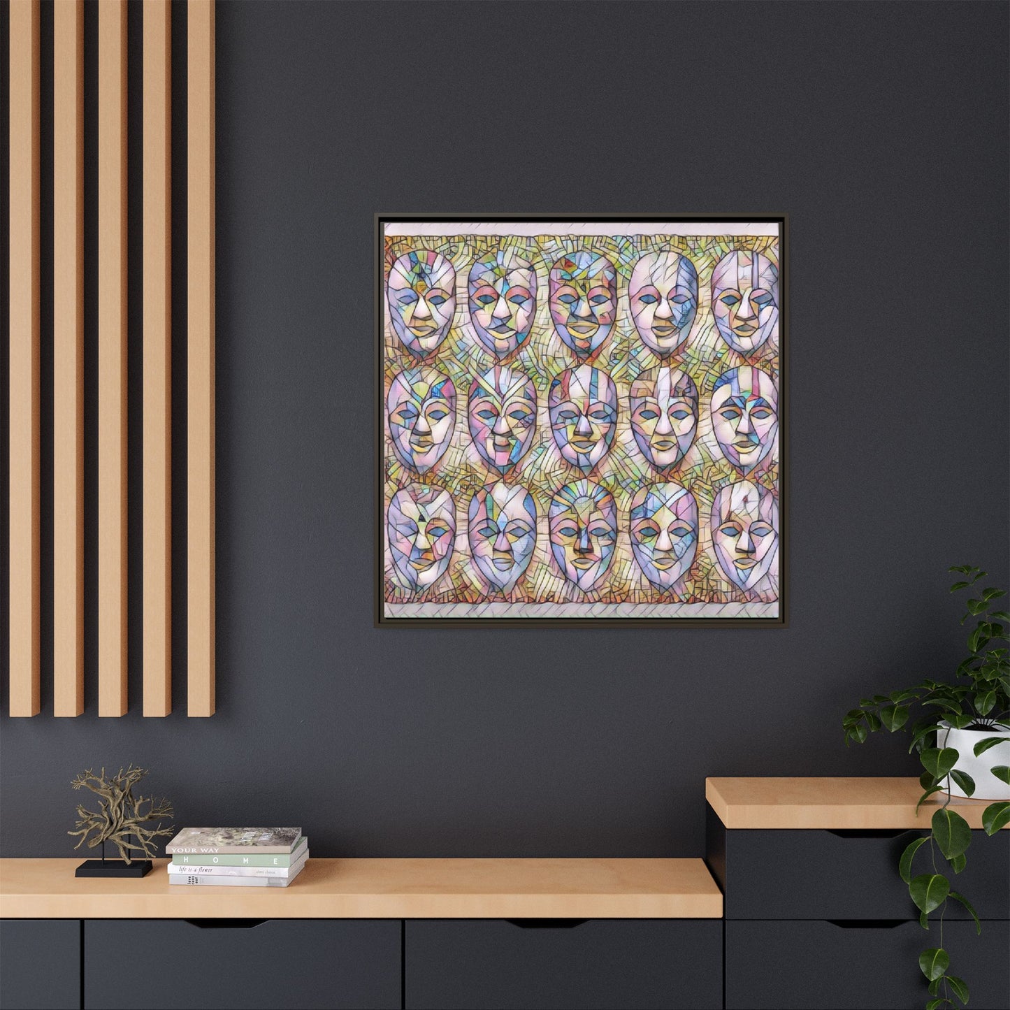 Abstract Mask Art Matte Canvas Print — Framed Multicolor Wall Art