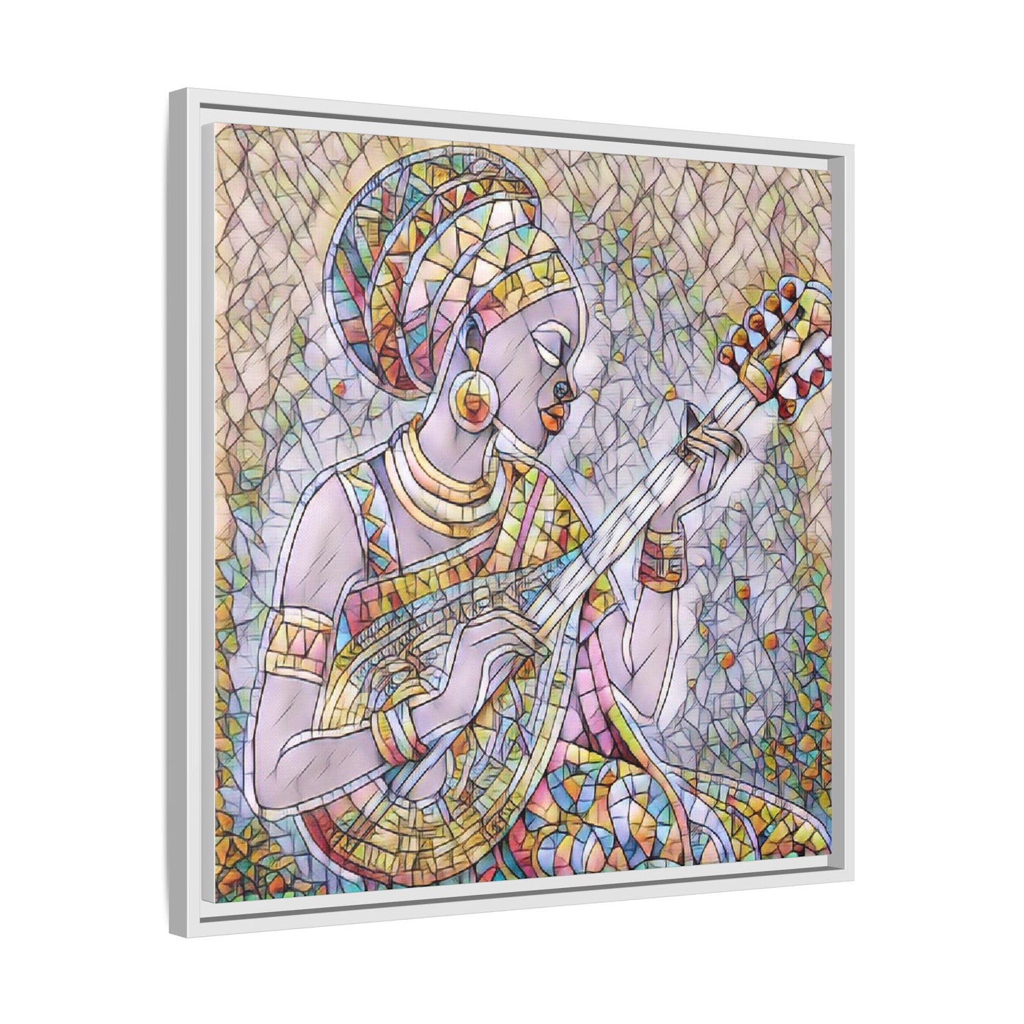 Framed Canvas Art — Colorful African Woman Playing Lute (Matte Multi‑Color)