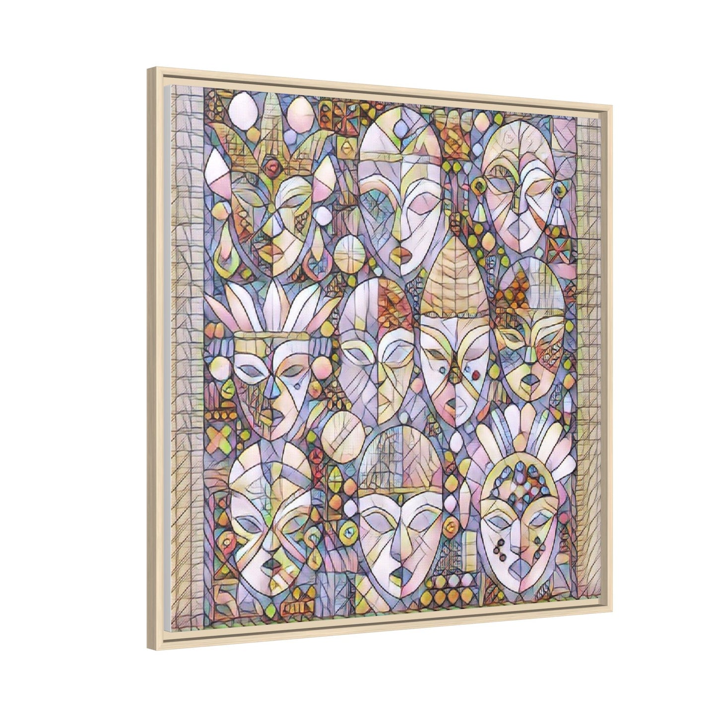 Framed Abstract Mask Art Canvas — Multicolor Stained-Glass Faces Wall Decor