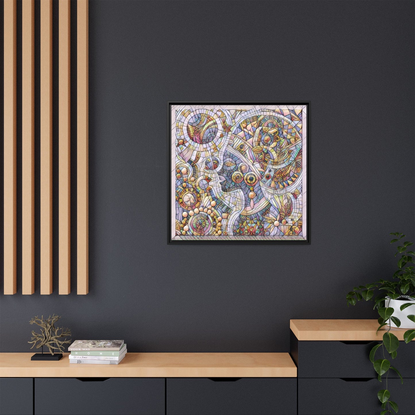 Abstract Mosaic Framed Canvas Art — Multicolor Geometric Wall Decor