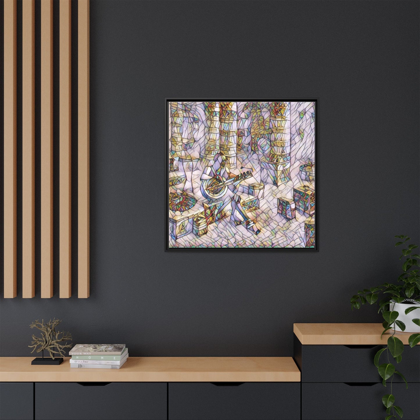 Framed Matte Canvas Art - Abstract Guitarist in Colorful Mosaic