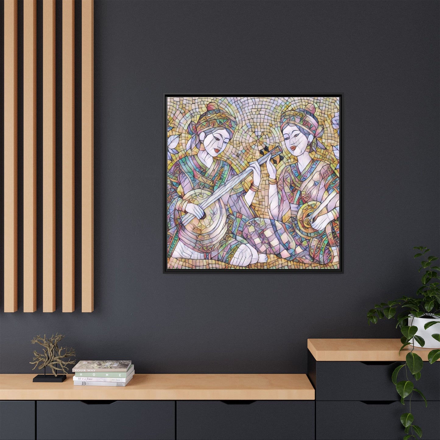 Framed Mosaic Musician Canvas Art — Ethnic Duo Wall Decor