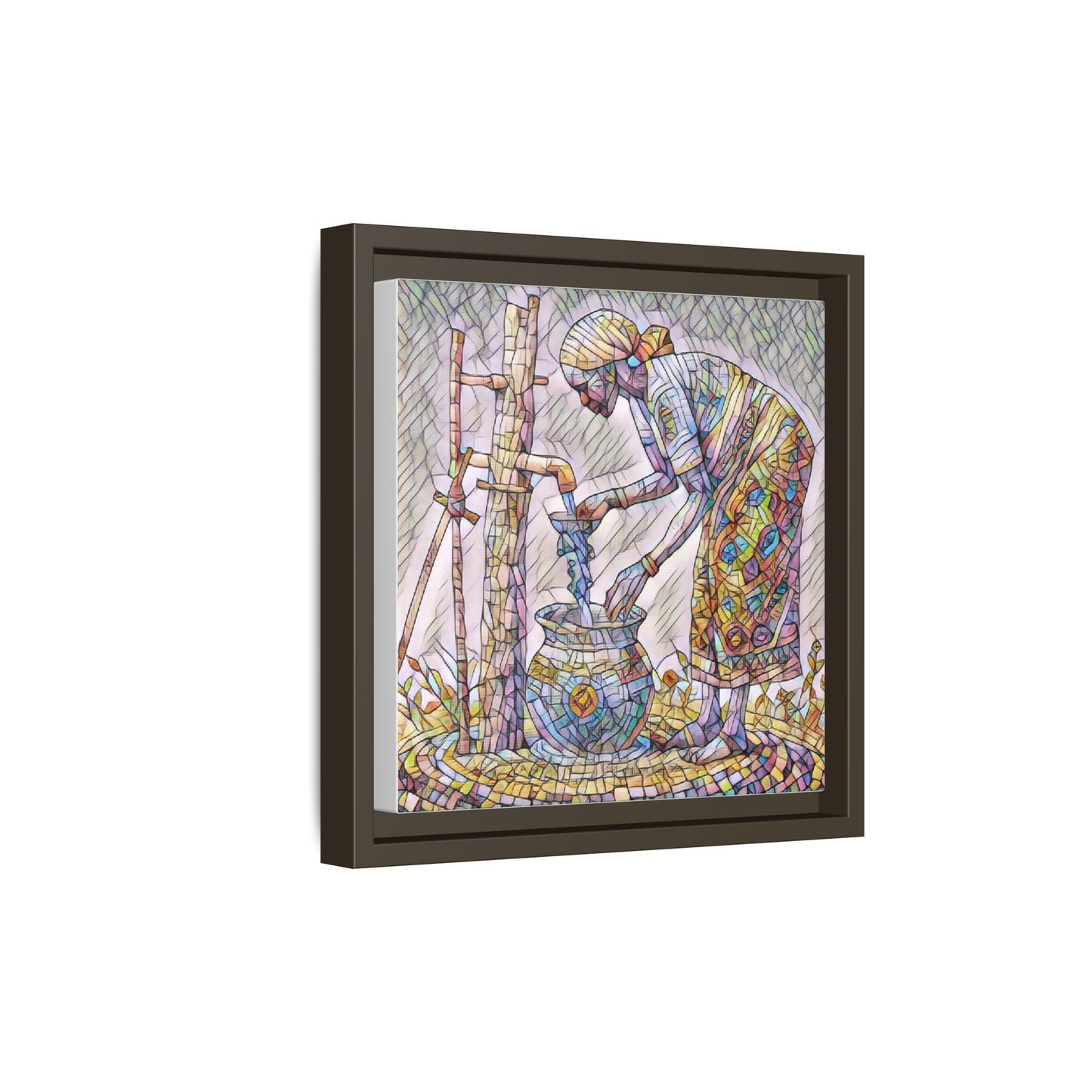 Framed Matte Canvas Art — Colorful Mosaic Woman at Well