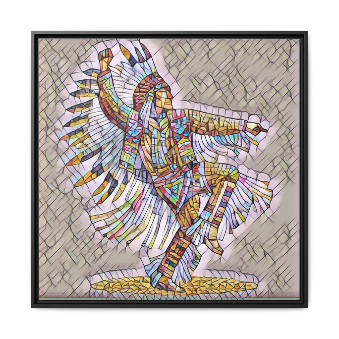 Colorful Native Dancer Framed Canvas Art — Stained Glass Style Wall Decor