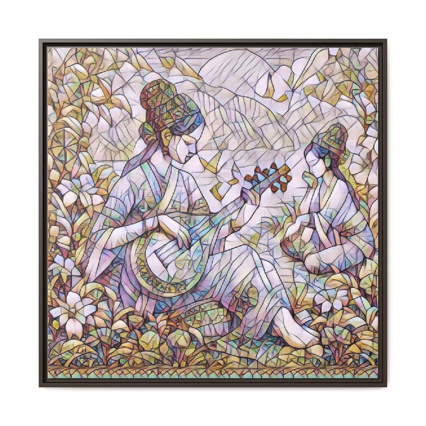Framed Matte Canvas Art - Vintage Asian Musicians Floral Illustration