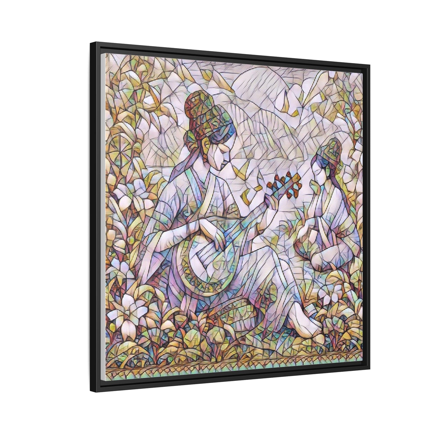 Framed Matte Canvas Art - Vintage Asian Musicians Floral Illustration
