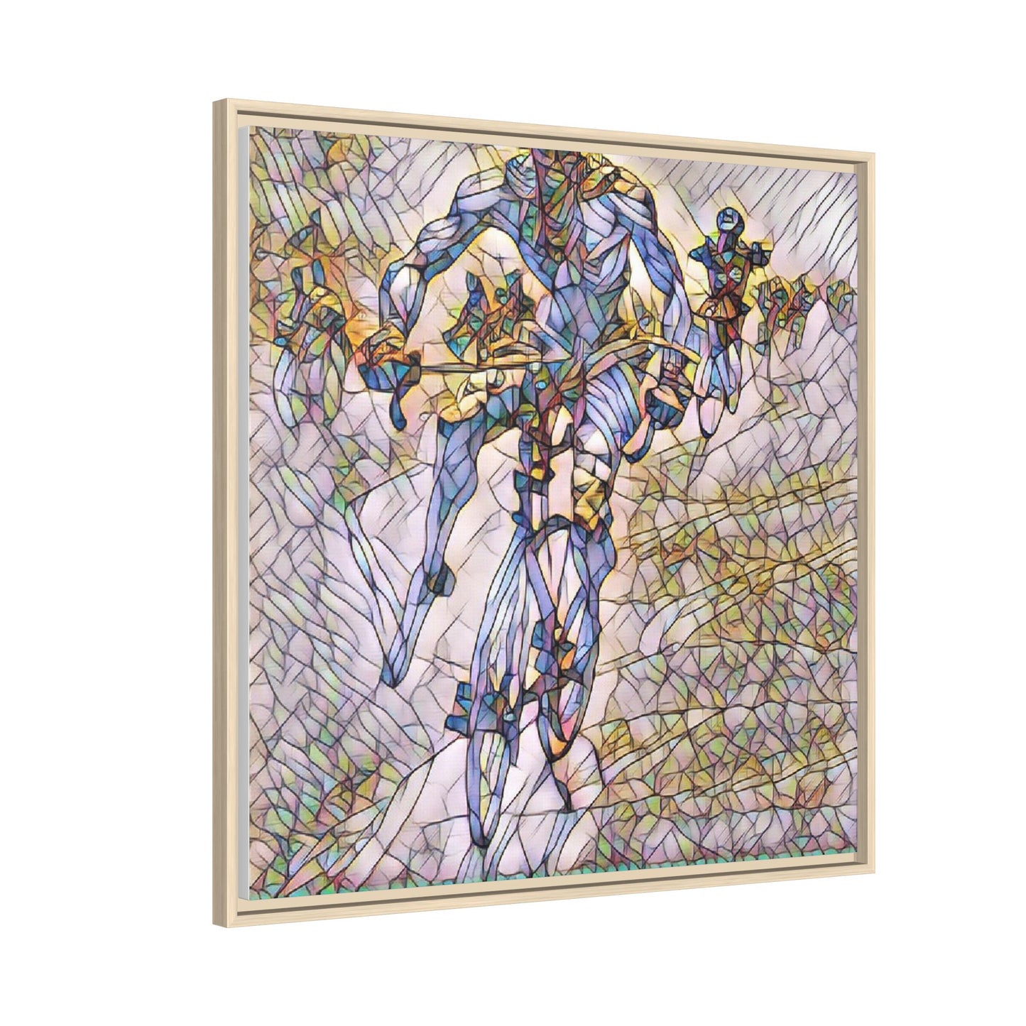 Abstract Cyclist Matte Canvas Framed Art — Colorful Stained-Glass Bike Print
