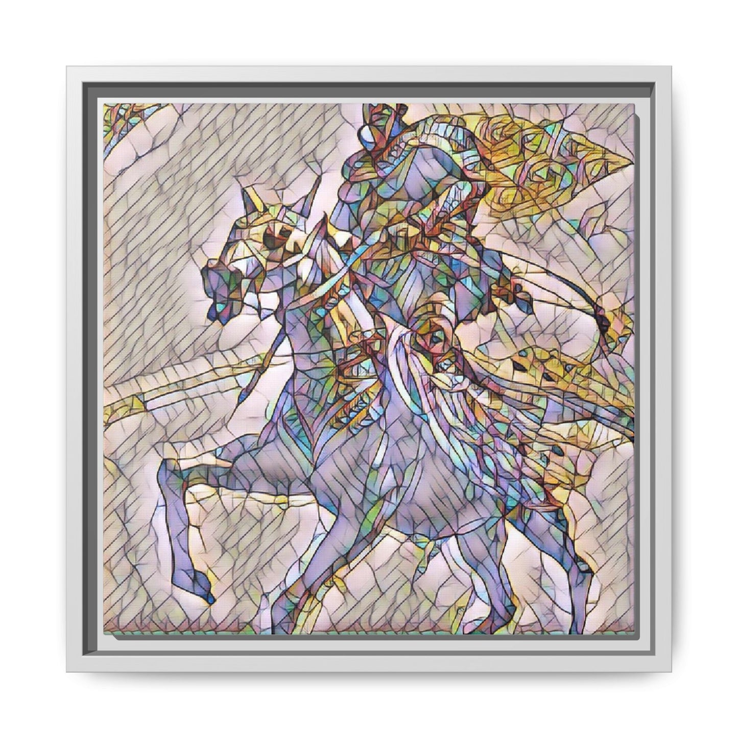 Framed Matte Canvas Art — Stained Glass Knight on Horse Fantasy Wall Decor