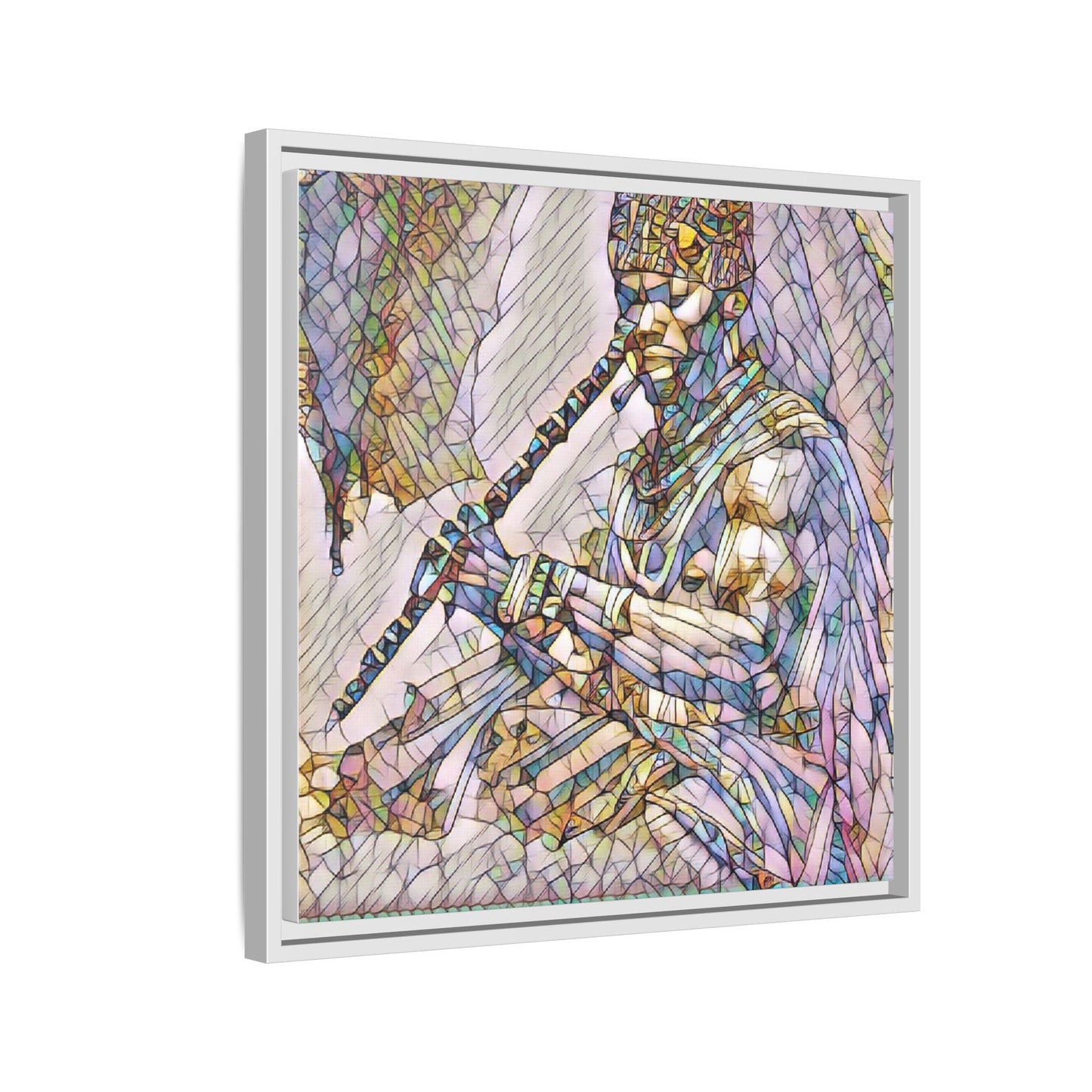 Tribal Flute Musician Stained-Glass Framed Canvas Art