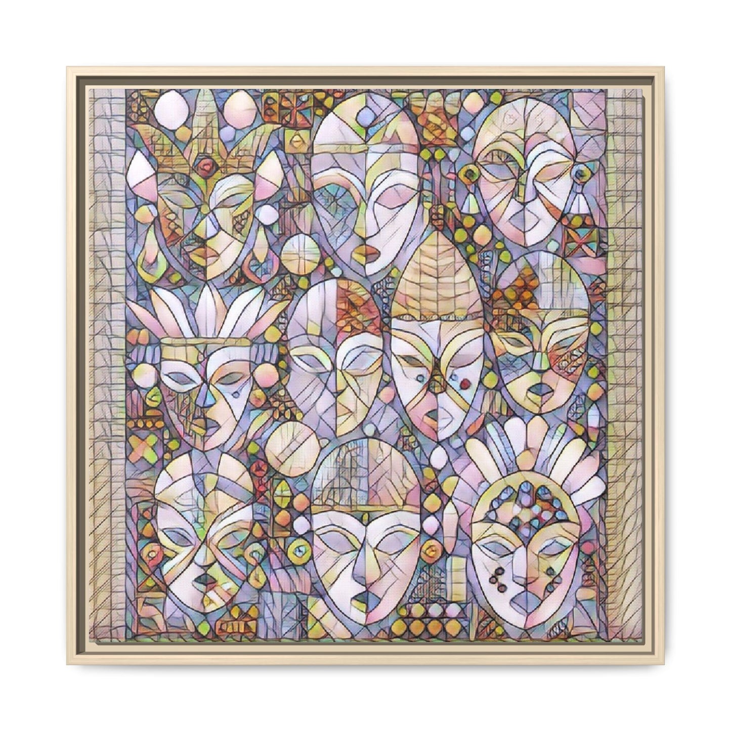 Framed Abstract Mask Art Canvas — Multicolor Stained-Glass Faces Wall Decor