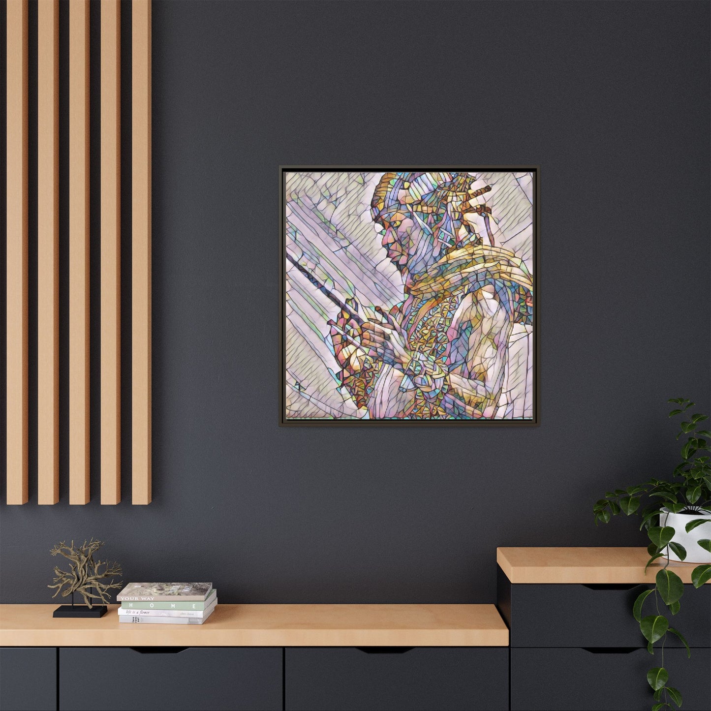 Framed Canvas Art - Colorful Tribal Warrior Portrait (Matte)