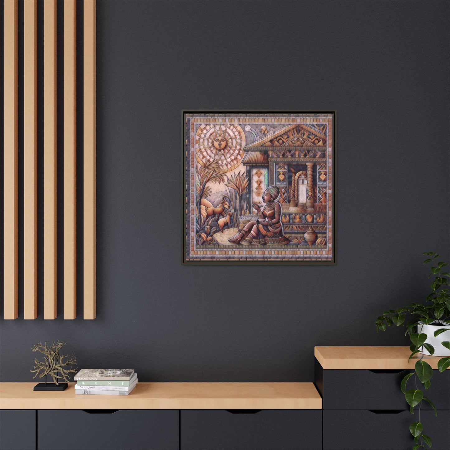 Egyptian Goddess Mosaic Framed Canvas Art — Colorful Ancient Ritual Wall Decor